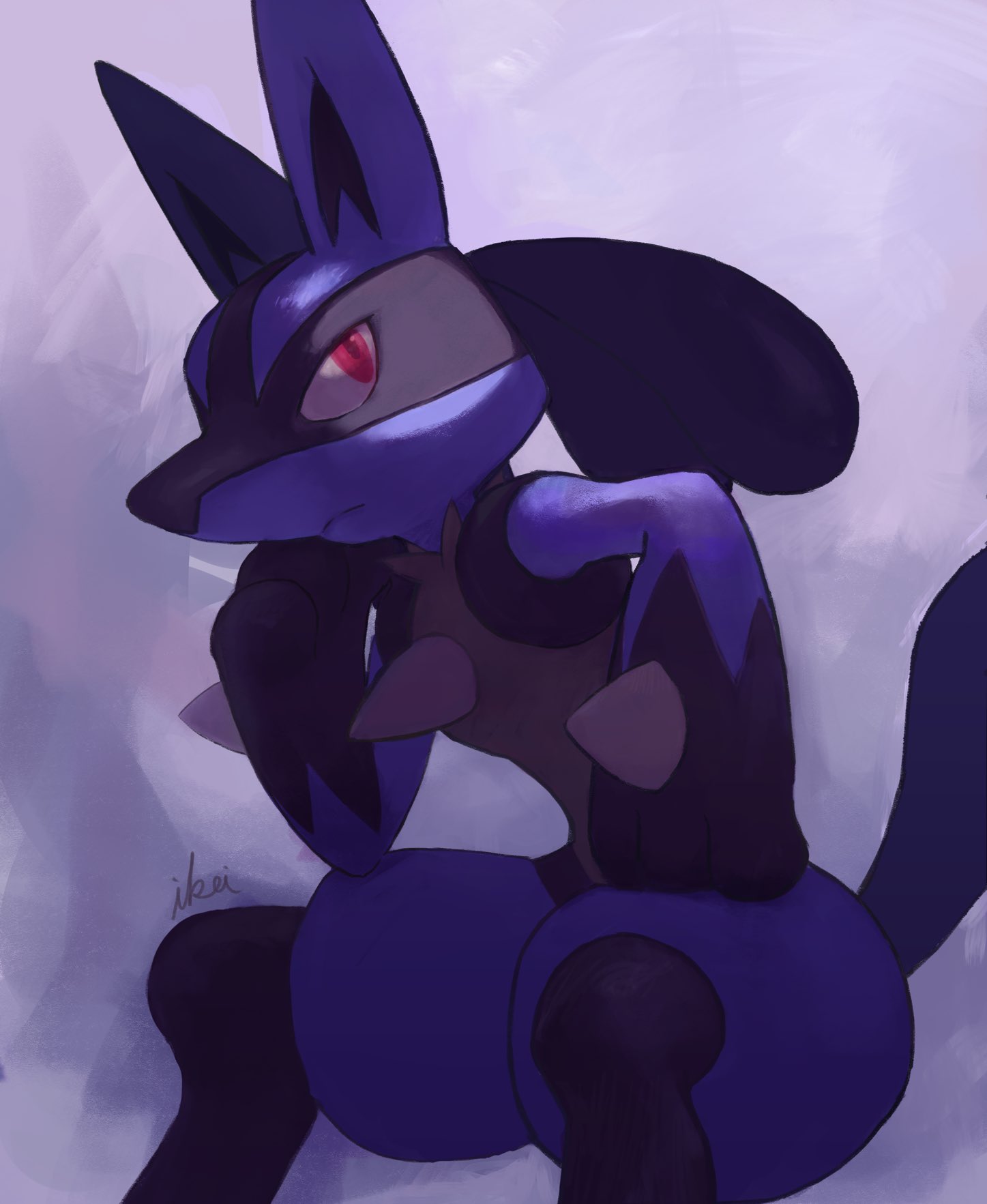 1boy animal_ears animal_hands artist_name black_fur blue_fur body_fur closed_mouth furry furry_male hand_on_own_chin hand_on_own_hip hand_up head_rest highres ikei looking_up lucario male_focus multicolored_fur pokemon pokemon_(creature) purple_background red_eyes signature simple_background snout solo spikes tail thinking wolf_boy wolf_ears wolf_tail yellow_fur