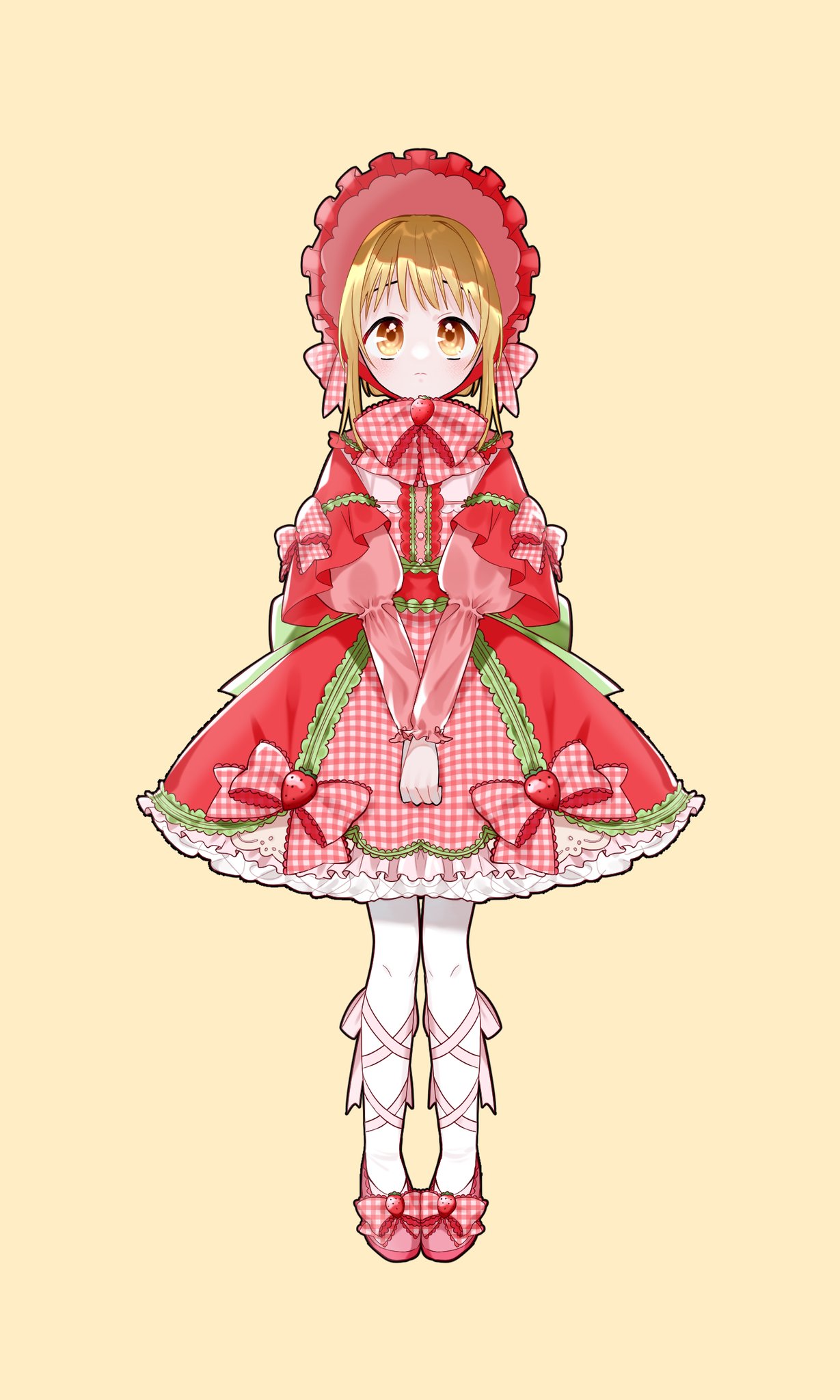 1girl baby_(demotsu) blonde_hair bow capelet dress frilled_bonnet fruits_basket full_body highres juliet_sleeves leg_ribbon lolita_fashion long_sleeves multicolored_clothes multicolored_dress orange_eyes pantyhose pink_dress pink_ribbon plaid plaid_bow plaid_dress puffy_sleeves red_capelet red_footwear red_headwear ribbon short_hair sidelocks solo souma_kisa standing v_arms white_pantyhose yellow_background