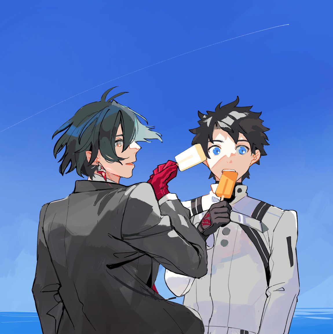 2boys black_hair black_suit blue_eyes blue_sky brown_eyes chaldea_uniform command_spell constantine_xi_(fate) earrings fate/grand_order fate_(series) food formal fujimaru_ritsuka_(male) gloves ice_cream jewelry kitada looking_at_viewer male_focus multiple_boys outdoors profile red_gloves short_hair sky smile suit upper_body
