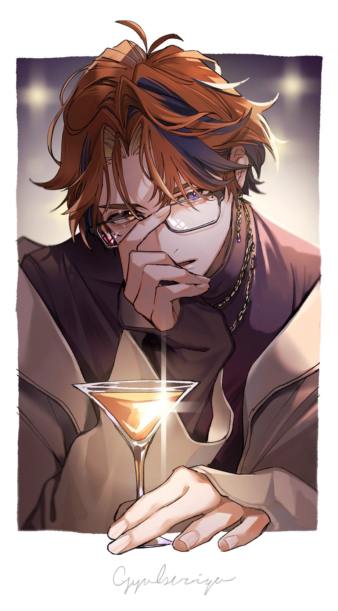 1boy antenna_hair bespectacled black_hair blurry blurry_background border brown_jacket brown_shirt chain_earrings chain_necklace cocktail cocktail_glass cup drinking_glass earrings glasses head_rest heterochromia highres holding holding_cup holostars jacket jewelry looking_at_viewer male_focus mole mole_under_eye moneko necklace official_alternate_costume orange_eyes orange_hair outside_border parted_bangs parted_lips shirt short_hair sleeves_past_wrists solo turtleneck upper_body violet_eyes virtual_youtuber white_border yukoku_roberu