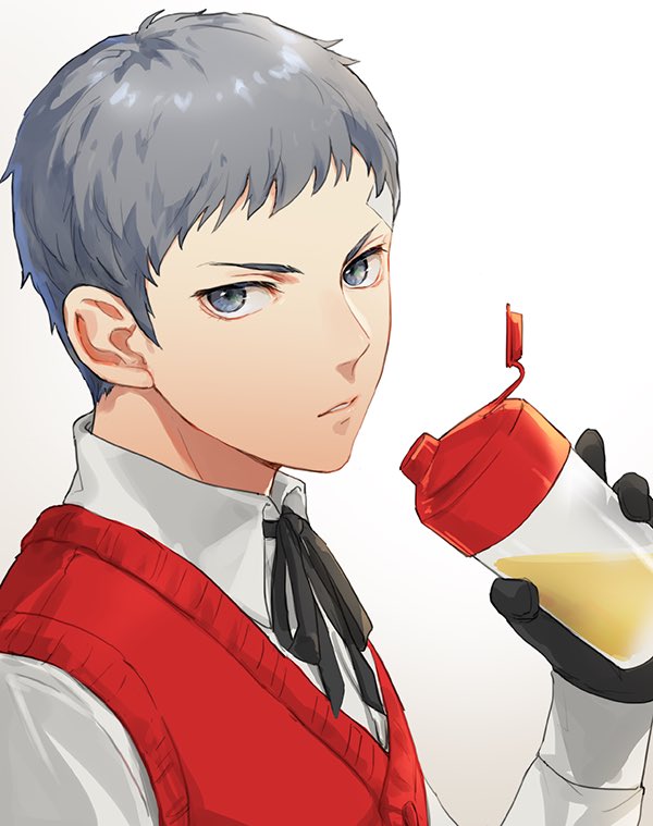 1boy black_gloves collared_shirt cup gloves gradient_background grey_background grey_eyes grey_hair holding holding_cup isa_(peien516) long_sleeves looking_at_viewer male_focus neck_ribbon persona persona_3 red_sweater_vest ribbon sanada_akihiko shirt simple_background solo sweater_vest upper_body white_background white_shirt