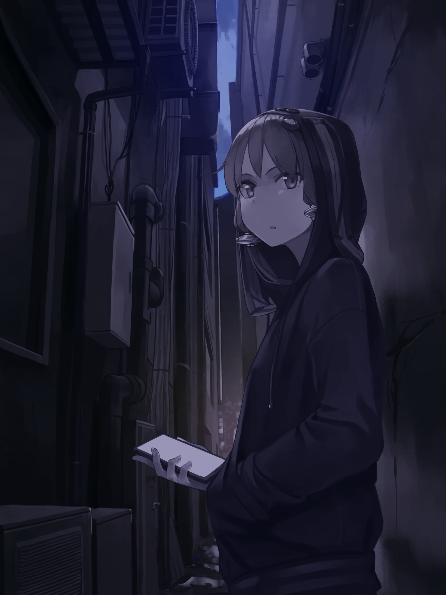 1girl air_conditioner alley animal_hood blue_sky cellphone city clouds cloudy_sky commentary_request day electric_panel expressionless from_side grey_theme hair_ornament hand_in_pocket highres holding holding_phone hood hood_up hoodie industrial_pipe kuz long_sleeves looking_at_viewer looking_to_the_side muted_color open_mouth phone rabbit_hood short_hair_with_long_locks sky smartphone solo upper_body vocaloid voiceroid yuzuki_yukari