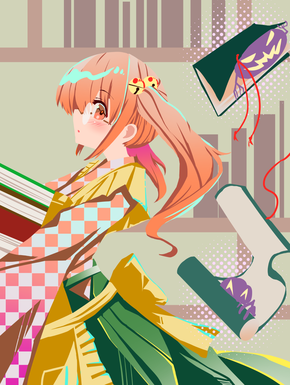1girl apron bell book bookshelf checkered_clothes checkered_kimono commentary from_side hair_bell hair_ornament highres holding holding_book japanese_clothes kimono long_hair long_sleeves looking_at_viewer monter motoori_kosuzu orange_eyes orange_hair scroll solo teruteru12 touhou two_side_up yellow_apron