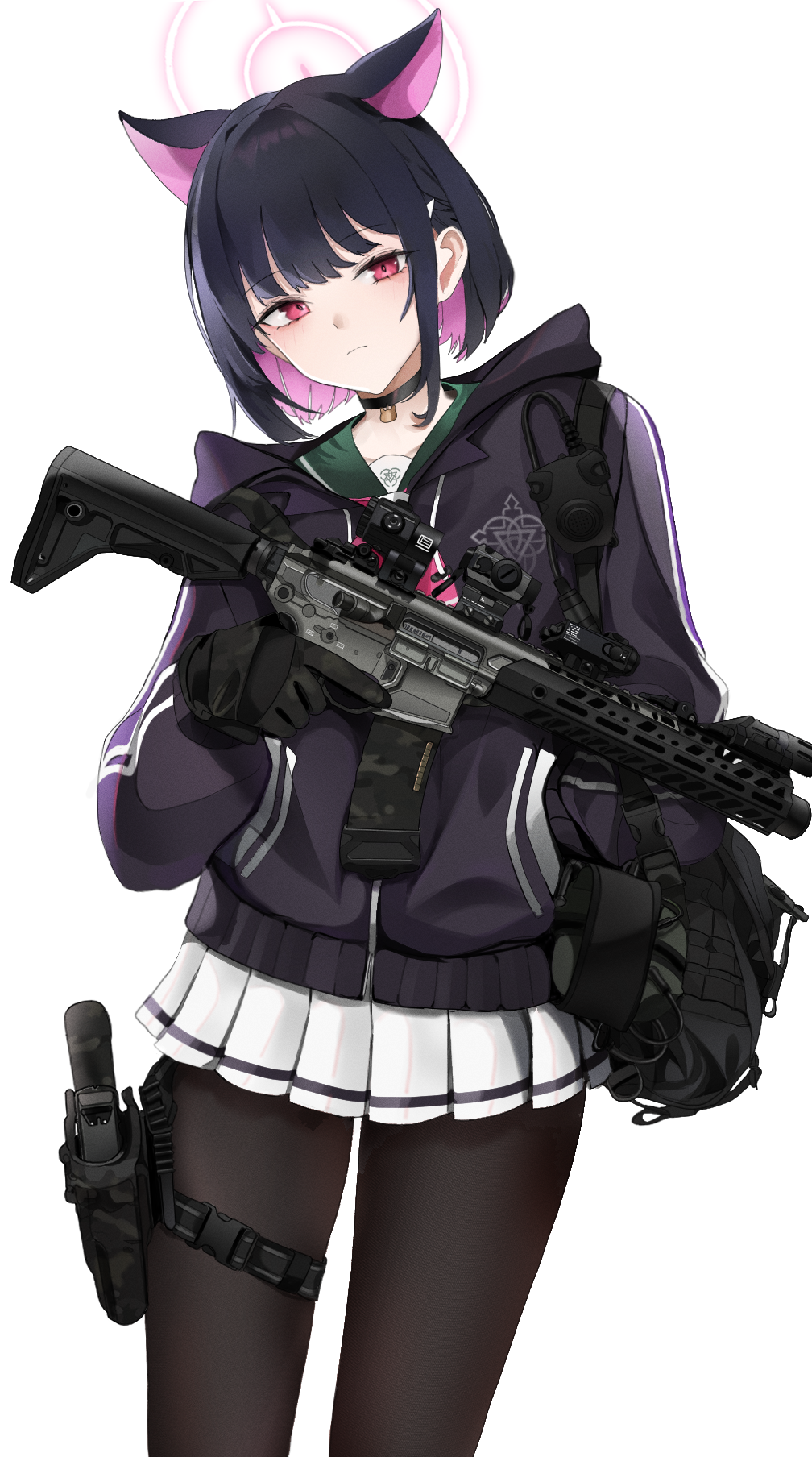 1girl animal_ears assault_rifle bag belt black_choker black_gloves black_hair black_pantyhose blue_archive blunt_bangs cat_ears cat_girl choker collarbone colored_inner_hair commentary_request extra_ears fte_(fifteen_199) gloves gun hair_ornament hairclip halo handgun highres holding holding_gun holding_weapon holster hood hooded_jacket jacket kazusa_(blue_archive) long_sleeves looking_at_viewer multicolored_hair open_clothes open_jacket pantyhose pendant_choker pleated_skirt red_eyes rifle school_uniform serafuku short_hair shoulder_bag sidelocks simple_background skirt solo thigh_belt thigh_holster thigh_strap trigger_discipline two-tone_hair weapon white_background white_skirt