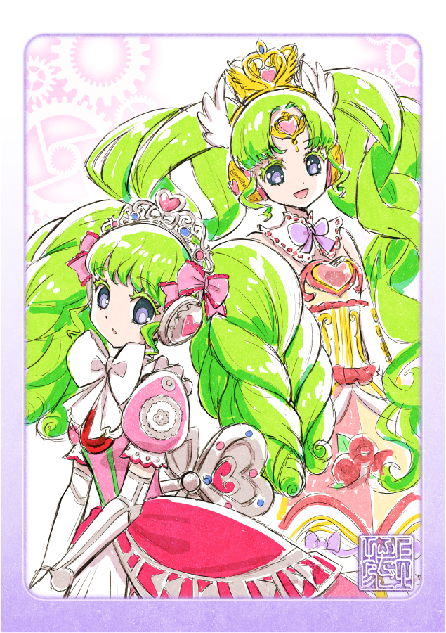 2girls :d bow colored_eyelashes doll_joints dress drill_hair dual_persona falulu forehead_jewel green_hair grey_eyes hair_ribbon headphones joints kamikita_futago long_hair looking_at_viewer multiple_girls open_mouth parted_bangs pink_dress pink_ribbon pretty_(series) pripara puffy_short_sleeves puffy_sleeves ribbon short_sleeves sidelocks signature smile tiara twin_drills twintails very_long_hair white_bow winding_key wing_hair_ornament