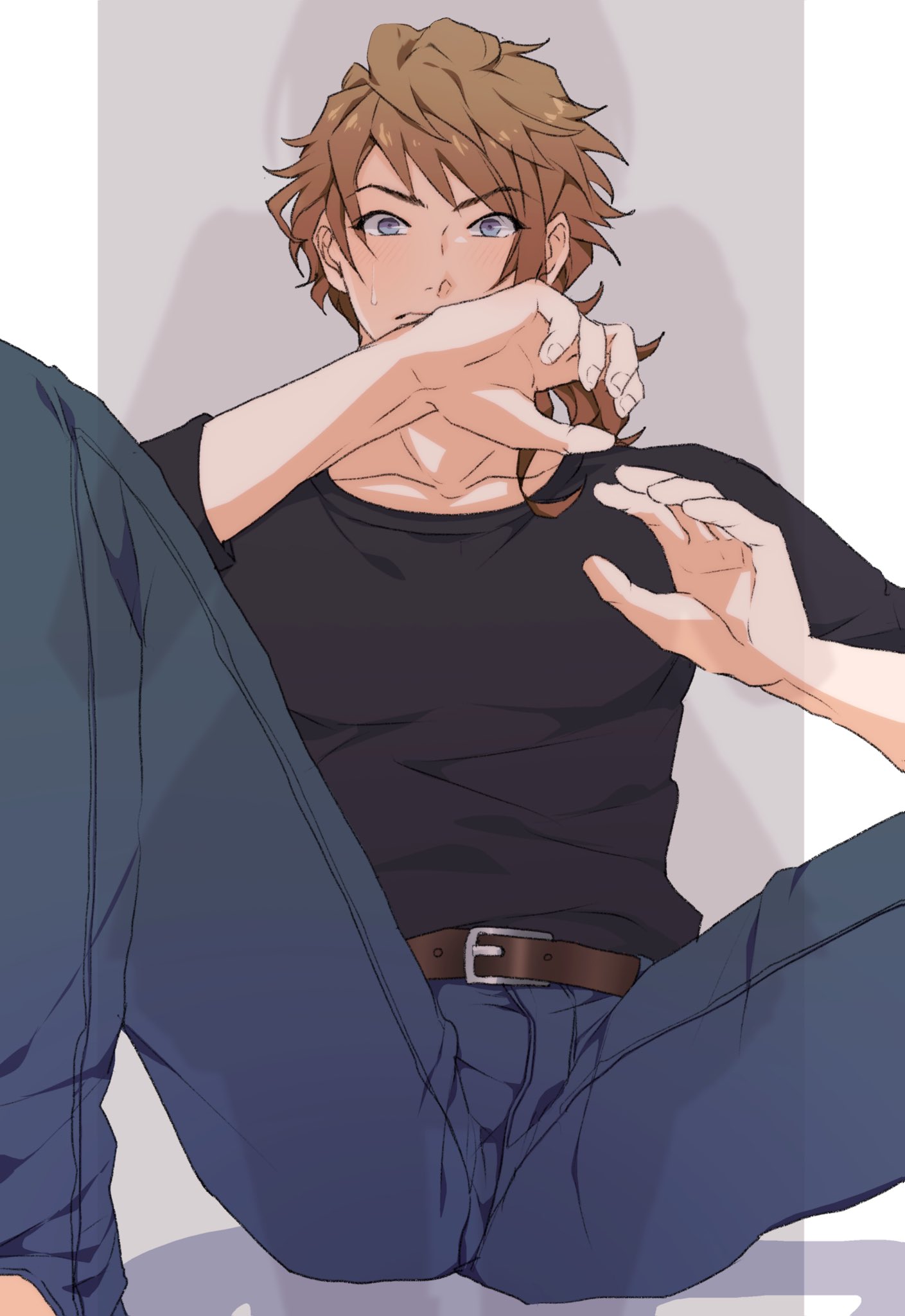 1boy barefoot belt belt_buckle black_shirt blue_eyes blue_pants brown_belt brown_hair buckle feet_out_of_frame grey_background hand_over_face highres looking_at_viewer male_focus medium_hair mikage_kojirou pants pillarboxed protagonist_(tokimemo_gs4) sen3s shirt silhouette solo_focus sweatdrop tokimeki_memorial tokimeki_memorial_girl's_side_4th_heart