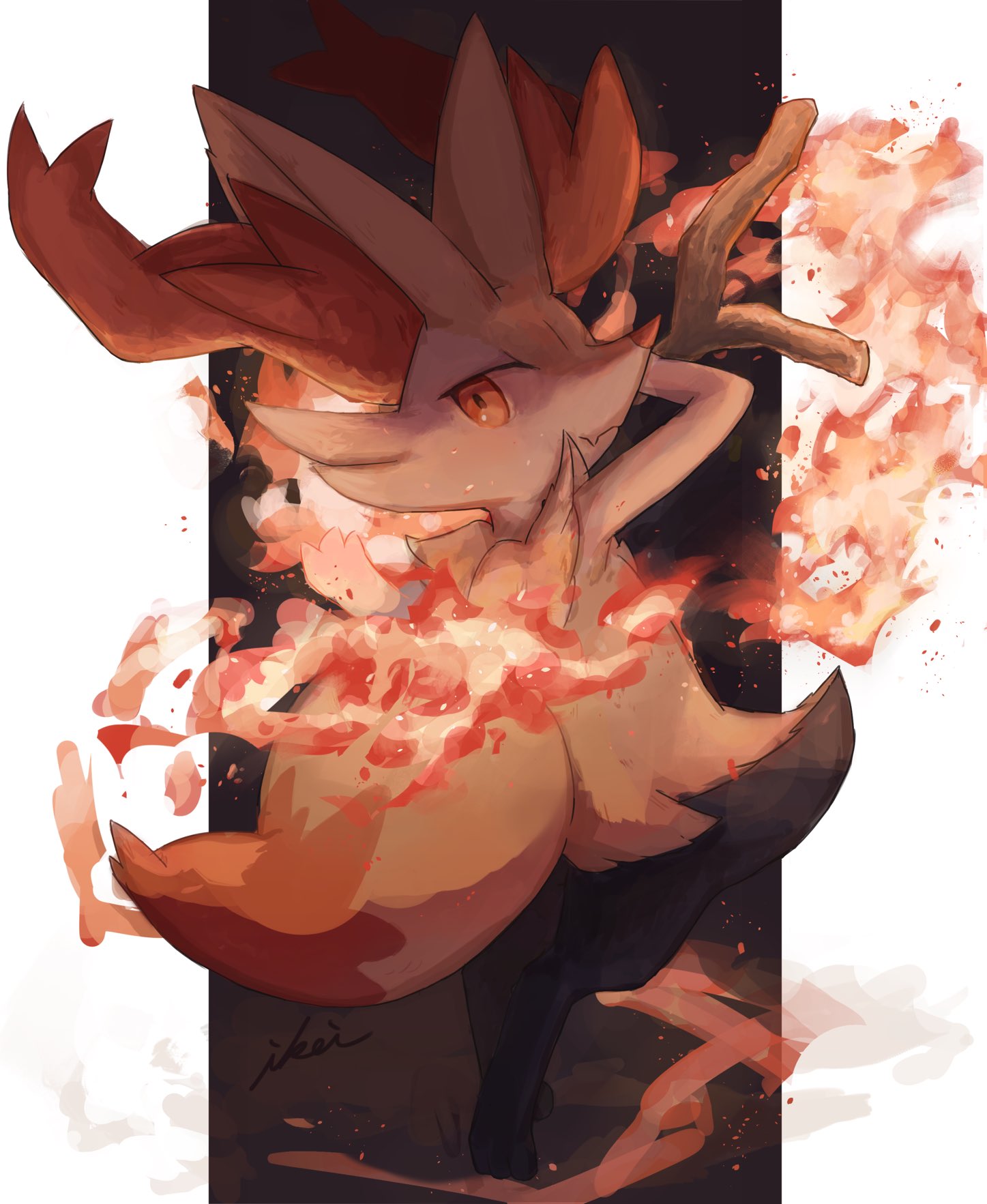 1girl animal_ear_fluff animal_ears animal_nose arm_up artist_name black_background black_fur body_fur braixen closed_mouth commentary fang fire fox_ears fox_girl fox_tail from_behind full_body furry furry_female highres holding holding_stick ikei looking_at_viewer looking_back multicolored_fur outside_border pillarboxed pokemon pokemon_(creature) pyrokinesis red_eyes signature simple_background skin_fang snout solo standing stick symbol-only_commentary tail underlighting white_fur yellow_fur