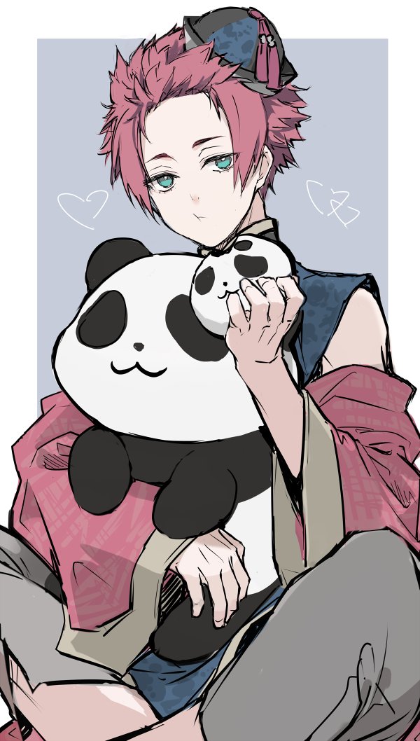 1boy black_headwear blue_eyes blue_lock blue_shirt chewing chinese_clothes crossed_legs feet_out_of_frame food grey_pants hat holding holding_food itoshi_sae looking_at_viewer male_focus pants red_shirt redhead shirt short_hair sitting sleeveless sleeveless_shirt solo stuffed_animal stuffed_panda stuffed_toy torichiribs wide_sleeves