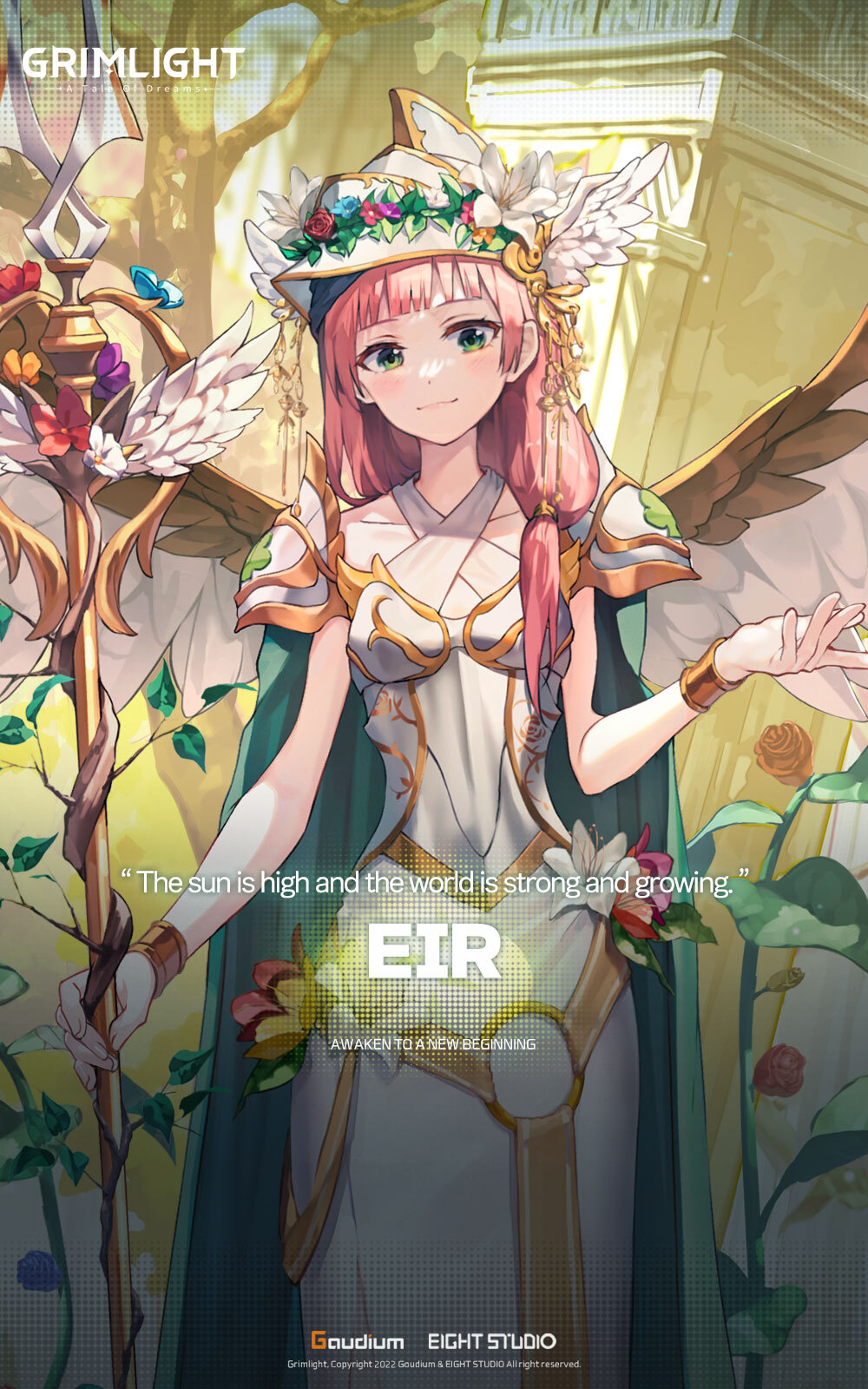 1girl blunt_bangs cape commentary dress eir_(grimlight) english_commentary english_text front_ponytail gold_trim green_cape green_eyes grimlight helmet highres long_hair low_ponytail official_art pink_hair shoulder_pads solo staff white_dress white_wings wings wrist_cuffs
