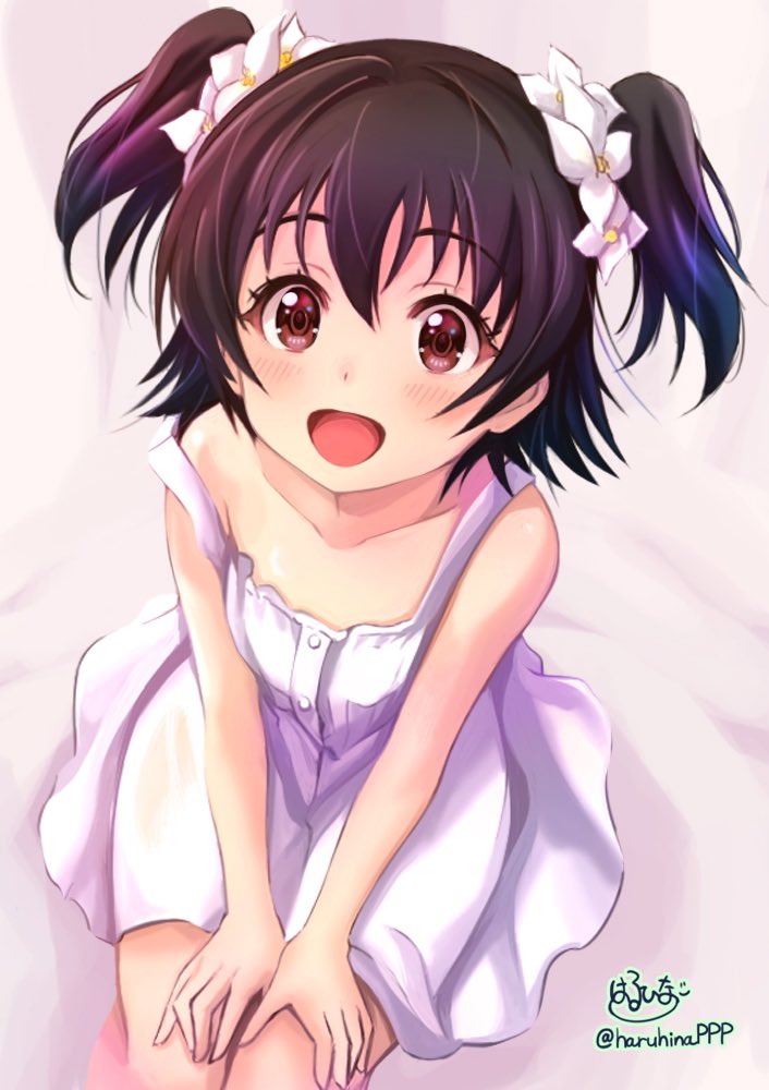 1girl akagi_miria artist_name black_hair brown_eyes commentary_request dress flower from_above hair_flower hair_ornament hands_on_own_thighs haruhata_mutsuki idolmaster idolmaster_cinderella_girls looking_at_viewer looking_up off_shoulder open_mouth revision short_dress short_hair signature sitting smile solo twitter_username two_side_up white_dress