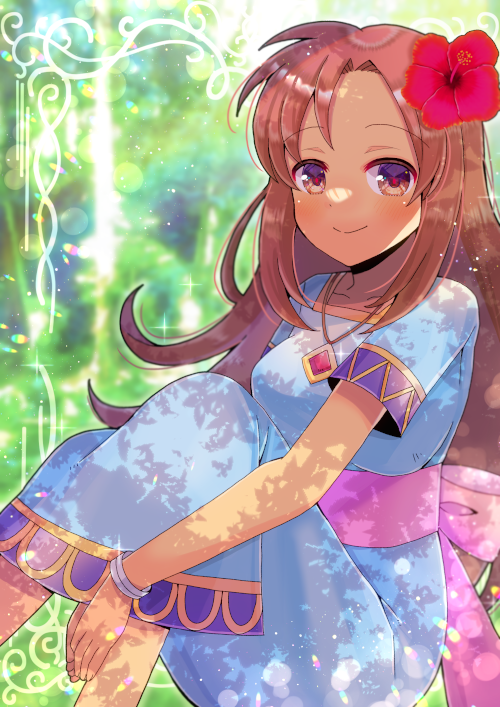 1girl bangle blue_dress blurry blurry_background blush bow bracelet breasts brown_eyes brown_hair closed_mouth commentary_request depth_of_field dress feet_out_of_frame flower forehead hair_flower hair_ornament jewelry knees_up kou_hiyoyo long_hair looking_at_viewer marin_(the_legend_of_zelda) medium_breasts pink_bow red_flower short_sleeves sitting smile solo the_legend_of_zelda the_legend_of_zelda:_link's_awakening very_long_hair