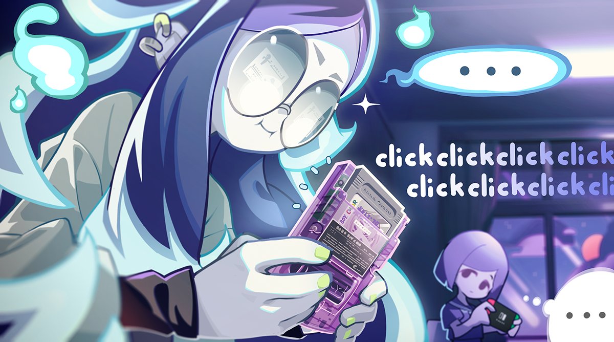 ... 2girls blue_hair clouds colored_skin curtains donuttypd earrings game_boy ghost ghost_girl glasses hand_up handheld_game_console holding holding_handheld_game_console jewelry long_hair looking_at_another looking_down moon multiple_girls nail_polish night night_sky nintendo nintendo_switch original paisley_(donuttypd) ririka_(donuttypd) round_eyewear sky smile white_skin window