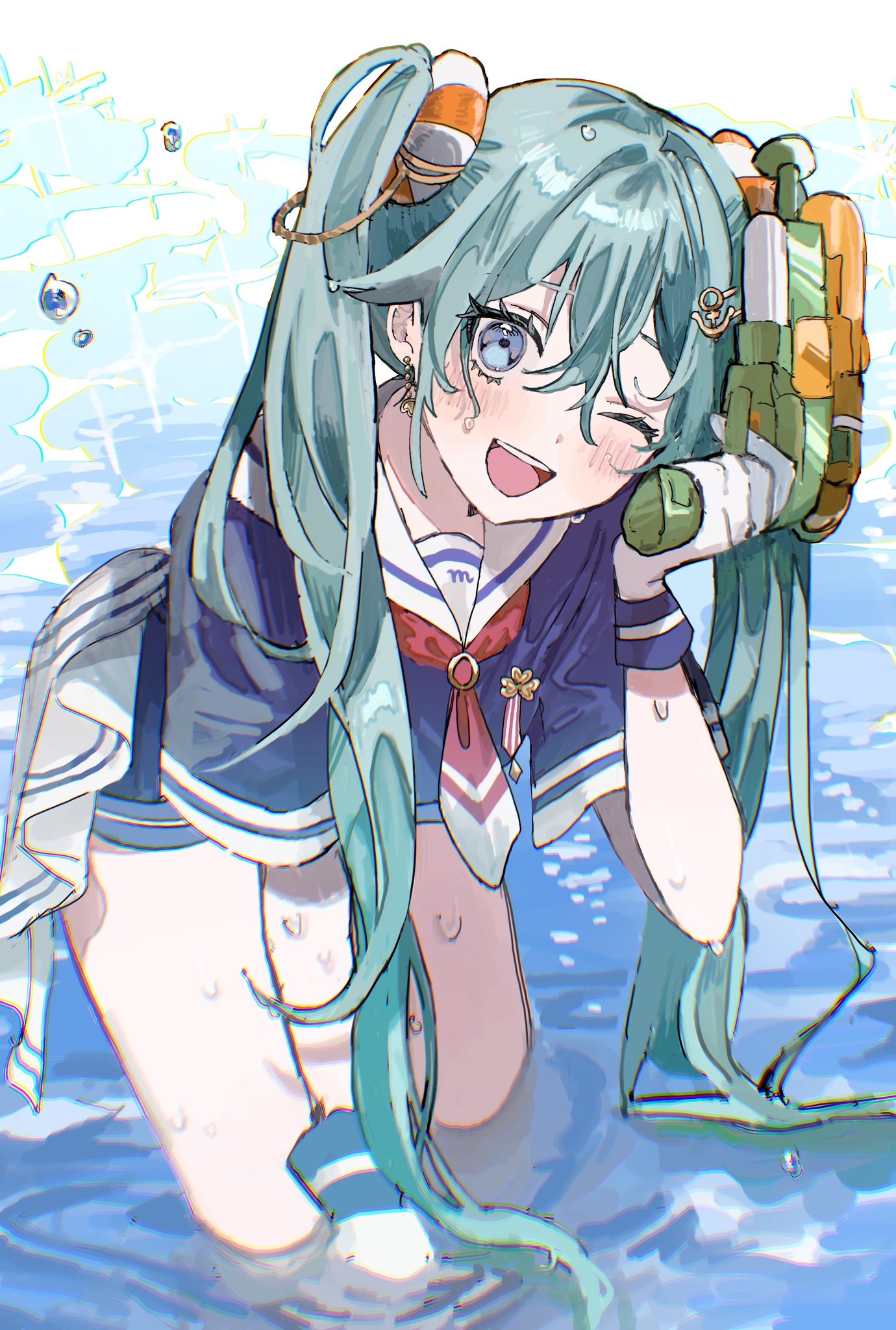 1girl aqua_hair bent_over blue_eyes blue_shirt blush commentary dangle_earrings day dress earrings funade_no_mae_no_one_day_trip_(project_sekai) gloves hair_between_eyes hair_ornament hairpin hatsune_miku highres holding holding_water_gun in_water inu_totemo jewelry long_bangs long_hair looking_at_viewer more_more_jump!_miku necktie official_alternate_costume one_eye_closed outdoors partially_submerged project_sekai red_necktie ripples sailor_collar sailor_dress sailor_shirt shallow_water shirt short_sleeves solo sparkle sparkle_background twintails very_long_hair vocaloid water water_drop water_gun wet wet_clothes wet_dress white_gloves