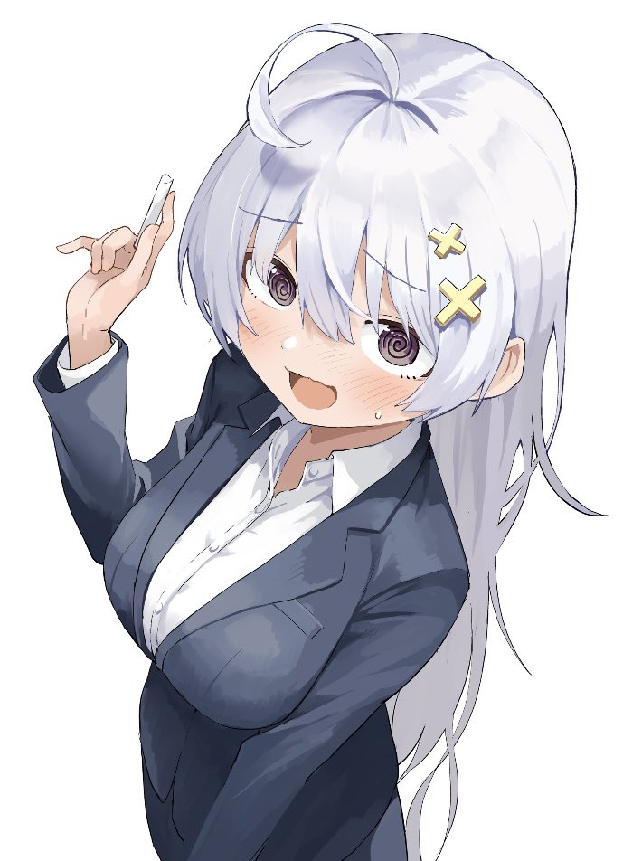 1girl @_@ ahoge aliasing blush chalk collared_shirt formal from_above hair_between_eyes hiyori_uwamura holding holding_chalk long_hair long_sleeves looking_at_viewer nervous_smile open_mouth second-party_source shirt simple_background smile solo suit sweatdrop teacher violet_eyes white_background white_hair white_shirt yamamoto_souichirou yowa_yowa_sensei