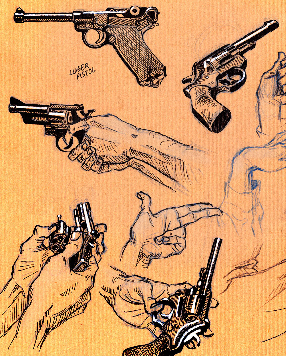amandajespersenholm ballpoint_pen_(medium) commentary disembodied_limb english_commentary finger_gun finger_on_trigger fingernails gun hand_focus handgun highres holding holding_gun holding_weapon light_brown_background limited_palette lineart long_sleeves luger_p08 no_humans open_cylinder_(revolver) original revolver sketch smith_&amp;_wesson_model_36 traditional_media variations weapon weapon_focus weapon_name