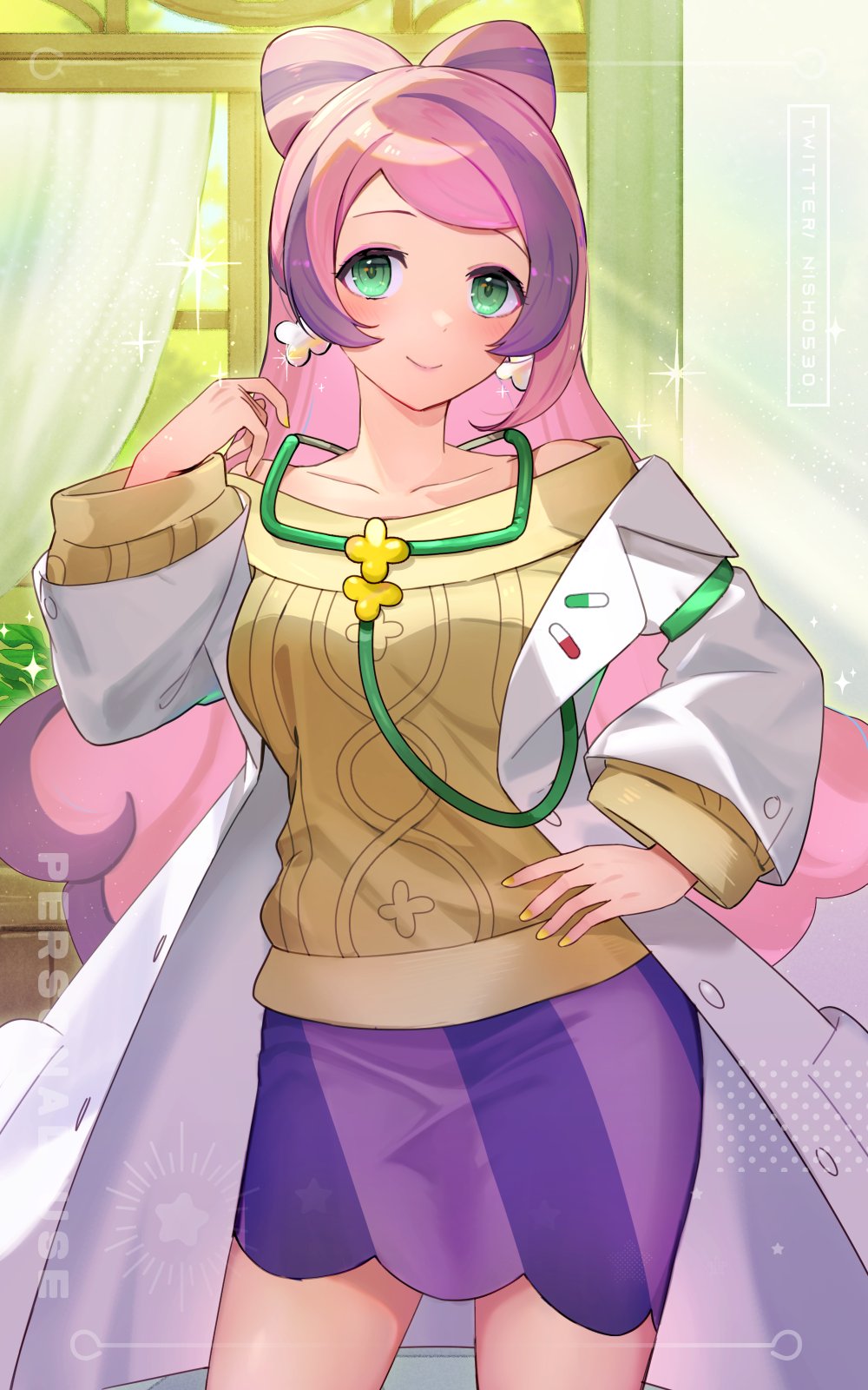 1girl coat curtains earrings flower_earrings green_eyes highres hsin jewelry lab_coat long_hair long_sleeves looking_at_viewer miriam_(pokemon) multicolored_hair off-shoulder_sweater off_shoulder open_clothes pink_hair pokemon pokemon_(game) pokemon_sv purple_hair school_nurse skirt smile solo stethoscope sweater swept_bangs two-tone_hair very_long_hair window