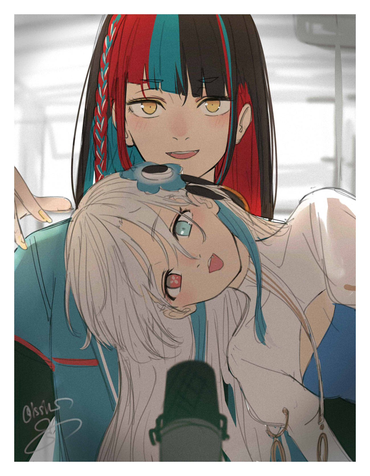 2girls behind_another black_hair blue_dress blue_eyes blue_flower blue_hair blue_jacket border braid cleavage_cutout clothing_cutout commentary diagonal_bangs dress fang flower hair_flower hair_ornament hand_up harusaruhi heterochromia high_collar highres isekai_joucho isshiki_(ffmania7) jacket juliet_sleeves kamitsubaki_studio leaning_to_the_side long_hair long_sleeves microphone mismatched_pupils multicolored_hair multiple_girls open_mouth puffy_sleeves red_eyes redhead shrug_(clothing) side_braid signature smile streaked_hair studio_microphone symbol-only_commentary twitter_username upper_body virtual_youtuber white_border white_hair white_sleeves yellow_eyes