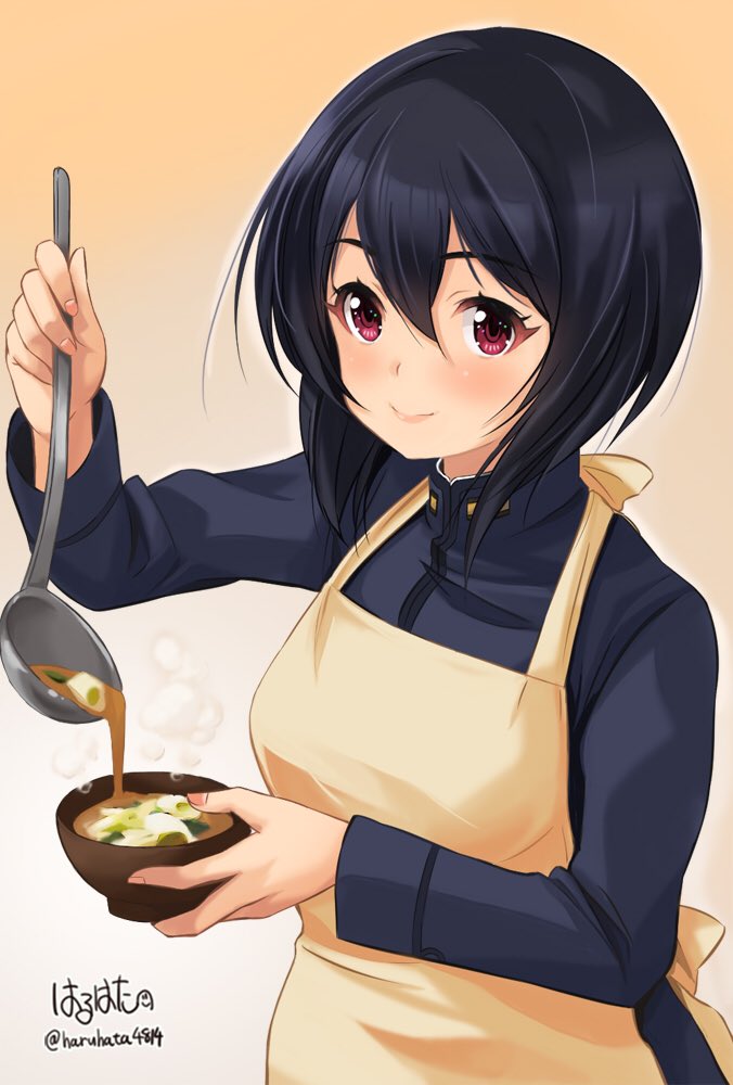 1girl apron artist_name blue_hair blue_jacket bowl brave_witches closed_mouth commentary_request food gradient_background haruhata_mutsuki holding holding_food jacket ladle looking_at_viewer military military_uniform miso_soup pouring shimohara_sadako short_hair signature smile solo soup standing uniform upper_body violet_eyes world_witches_series yellow_apron