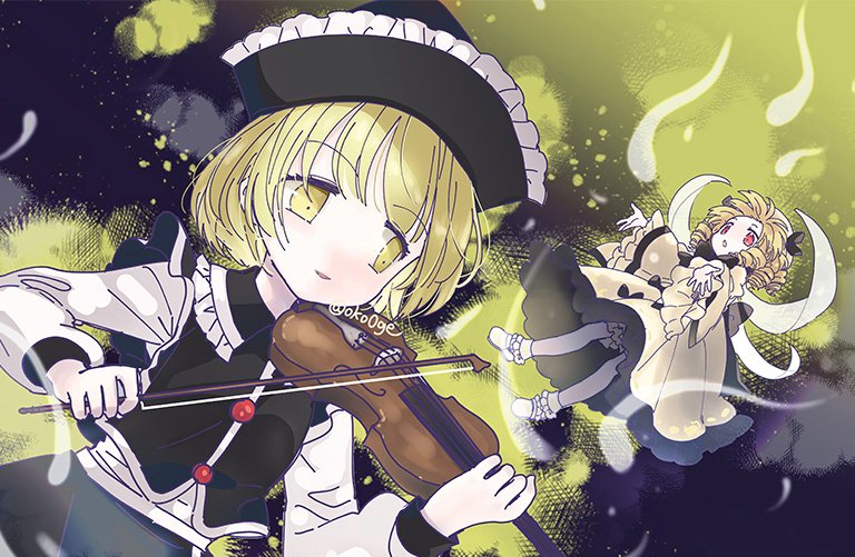 2girls biyon black_headwear black_skirt black_vest blonde_hair blush commentary dress drill_hair fairy fairy_wings frilled_sleeves frills hat holding holding_instrument instrument long_sleeves luna_child lunasa_prismriver multiple_girls music open_mouth playing_instrument red_eyes shirt shoes short_hair skirt symbol-only_commentary touhou vest violin white_dress white_footwear white_headwear white_shirt wide_sleeves wings yellow_eyes