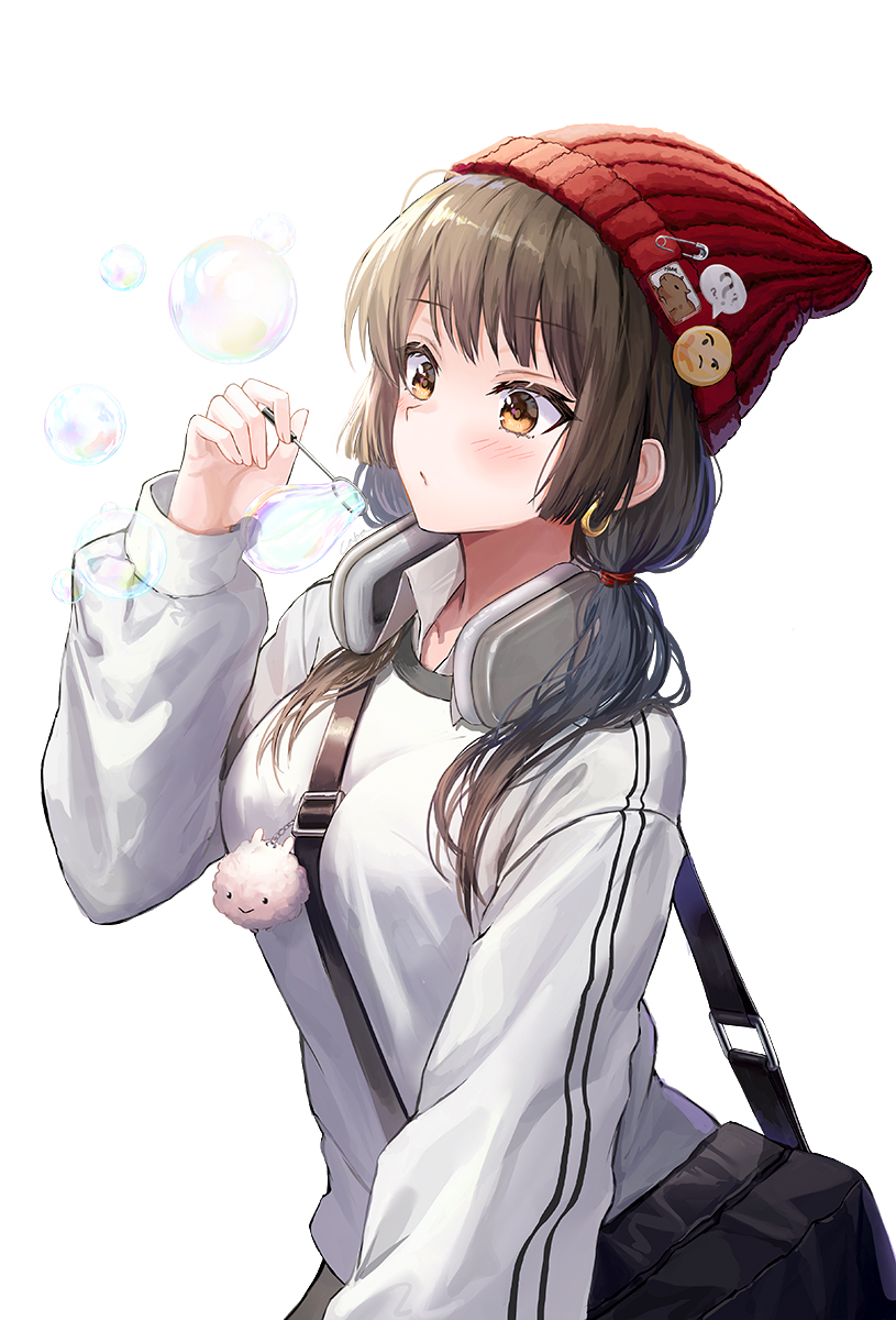 1girl bag beanie black_hair blush bubble_blowing bubble_wand caba_(caba091) earrings emoji hat headphones headphones_around_neck highres holding holding_wand jewelry long_hair low_twintails messenger_bag original red_headwear safety_pin shoulder_bag sidelocks solo sweater thinking_emoji twintails upper_body wand white_background white_sweater yellow_eyes