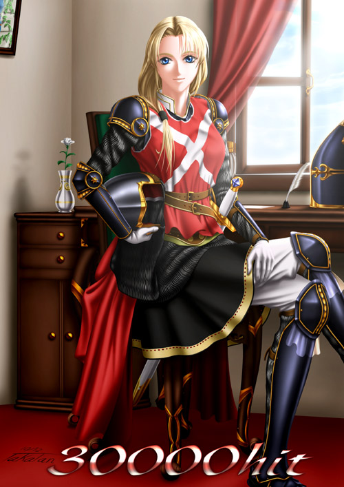 1girl archived_source armor bad_link belt blonde_hair blue_eyes chair crossed_legs curtains desk flower gloves helmet holding indoors long_hair looking_at_viewer milestone_celebration quill sharon_(words_worth) signature sitting solo takatan vase window words_worth