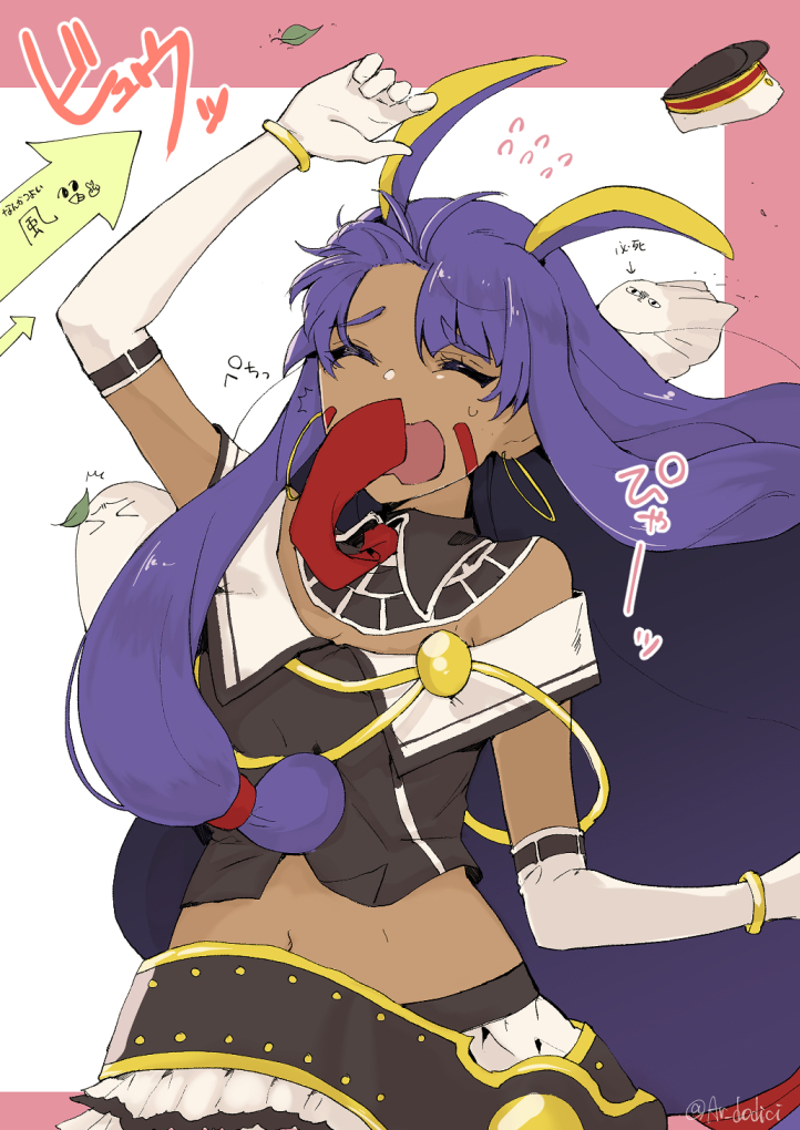 1girl 1other alternate_costume animal_ears arm_up arrow_(symbol) aruti belt closed_eyes commentary dark_skin earrings fate/grand_order fate_(series) flying_sweatdrops gloves hat hoop_earrings idol jewelry long_hair loose_clothes loose_shirt medjed_(fate) midriff navel necktie nitocris_(fate) nitocris_(lostroom_outfit)_(fate) official_alternate_costume open_mouth purple_hair red_necktie shirt simple_background translation_request white_gloves