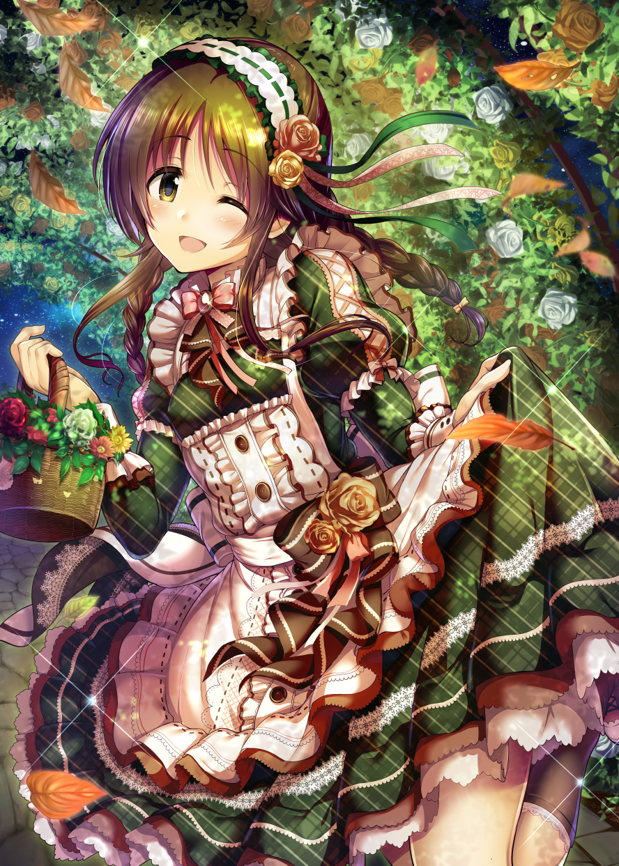 1girl ;d apron arch basket black_ribbon black_socks blush bow bowtie braid breasts brooch brown_eyes brown_hair brown_rose dress falling_leaves floral_arch flower frilled_apron frills green_dress green_ribbon hair_ribbon hands_up headdress highres holding holding_basket idolmaster idolmaster_cinderella_girls idolmaster_cinderella_girls_starlight_stage jewelry layered_dress leaf long_hair long_sleeves looking_at_viewer ment night one_eye_closed open_mouth outdoors pavement pink_bow pink_bowtie pink_flower pink_ribbon puffy_long_sleeves puffy_sleeves red_flower red_rose ribbon rose sash skirt_hold sky small_breasts smile socks solo standing standing_on_one_leg star_(sky) starry_sky takamori_aiko twin_braids twintails white_apron white_flower white_rose white_sash yellow_flower yellow_rose