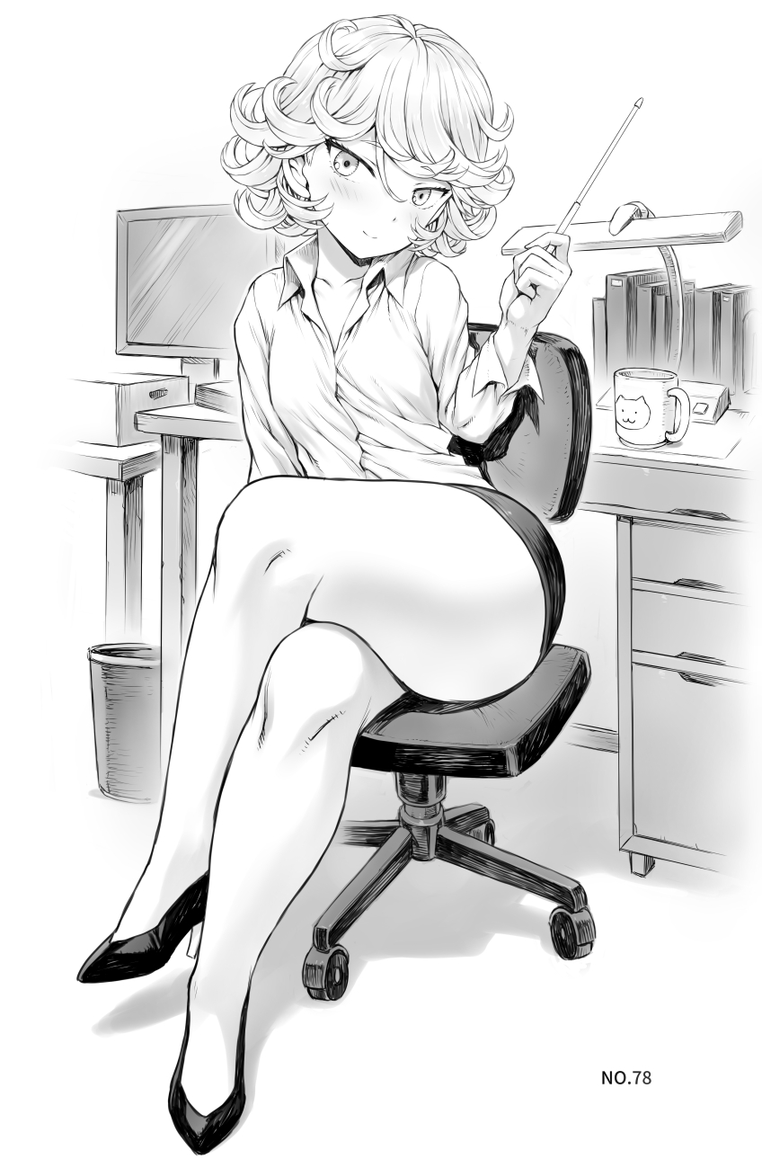 crossed_legs head_tilt highres light_smile miniskirt mogudan office office_lady one-punch_man skirt tatsumaki thick_thighs thighs
