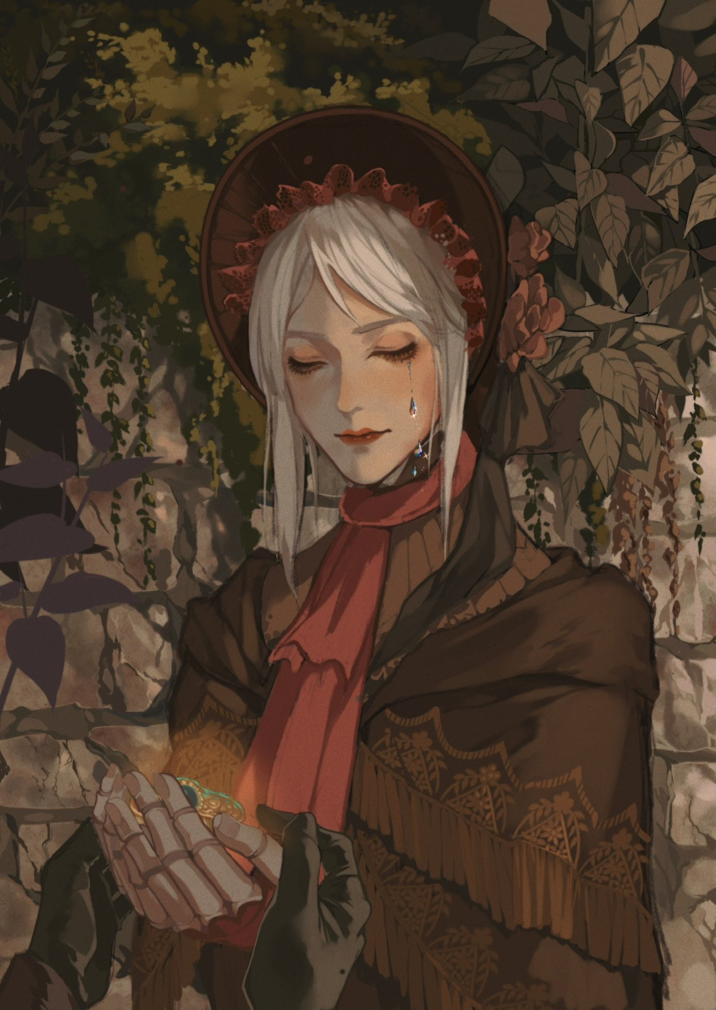 1girl 1other ambiguous_gender black_gloves bloodborne bonnet brown_cloak brown_dress cloak closed_eyes closed_mouth commentary crying doll_joints dress english_commentary gloves hair_ornament highres holding hunter_(bloodborne) joints leaf lips out_of_frame plain_doll red_lips red_scarf scarf smile tears white_hair yujia0412