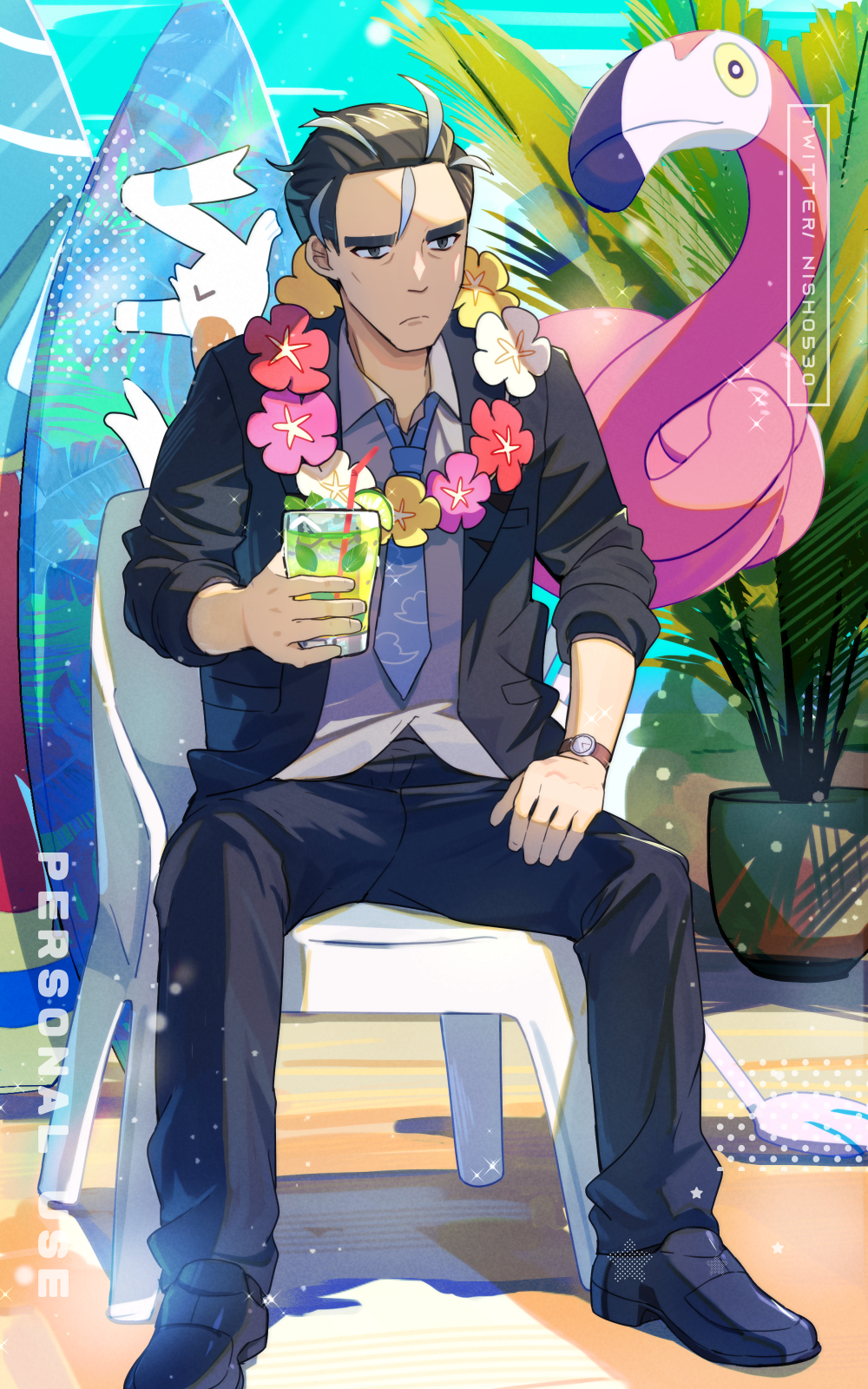1boy black_footwear black_jacket black_pants chair character_print closed_mouth collared_shirt cup day drinking_straw flamigo frown glass hand_on_own_thigh highres holding holding_cup hsin jacket larry_(pokemon) male_focus multicolored_hair necktie outdoors pants plant pokemon pokemon_(creature) pokemon_(game) pokemon_sv potted_plant shirt shoes sitting surfboard twitter_username two-tone_hair watch watch wingull