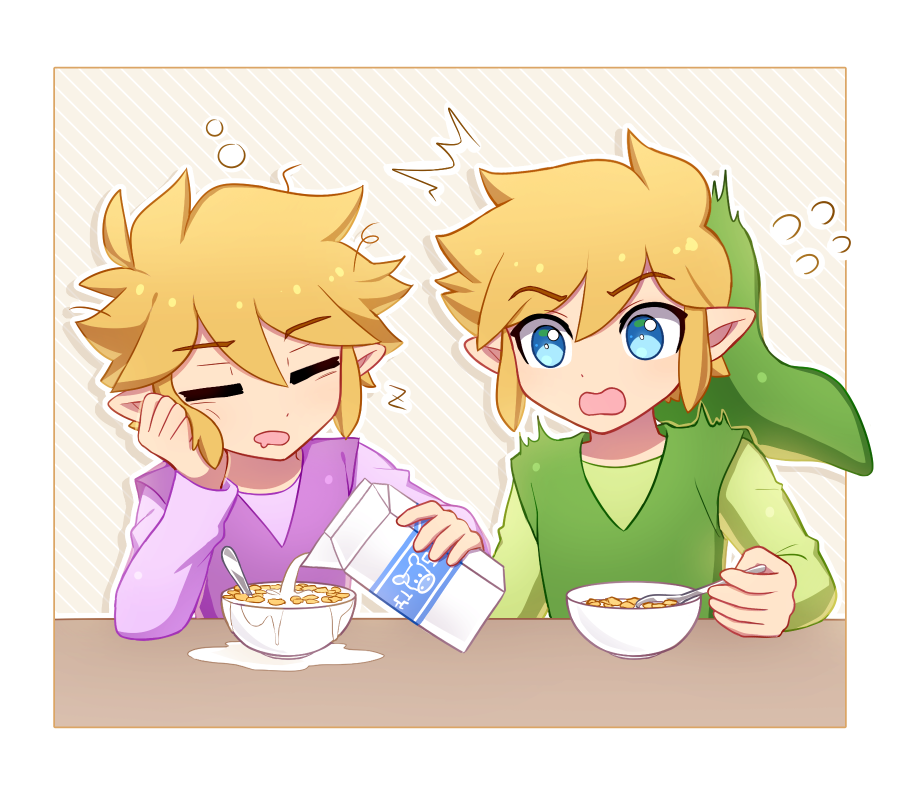 2boys ^^^ blonde_hair blue_eyes border bowl brown_background cereal closed_eyes commentary commentary_request drooling enni flying_sweatdrops food green_headwear green_shirt green_tunic hair_between_eyes hand_up hat head_rest holding holding_spoon link long_sleeves looking_at_another male_focus messy_hair milk milk_carton mouth_drool multiple_boys open_mouth outline parted_bangs pointy_ears pouring purple_shirt purple_tunic shirt short_hair sidelocks simple_background sleepy spill spoon striped striped_background swept_bangs symbol-only_commentary the_legend_of_zelda the_legend_of_zelda:_four_swords tunic white_border white_outline wide-eyed zzz