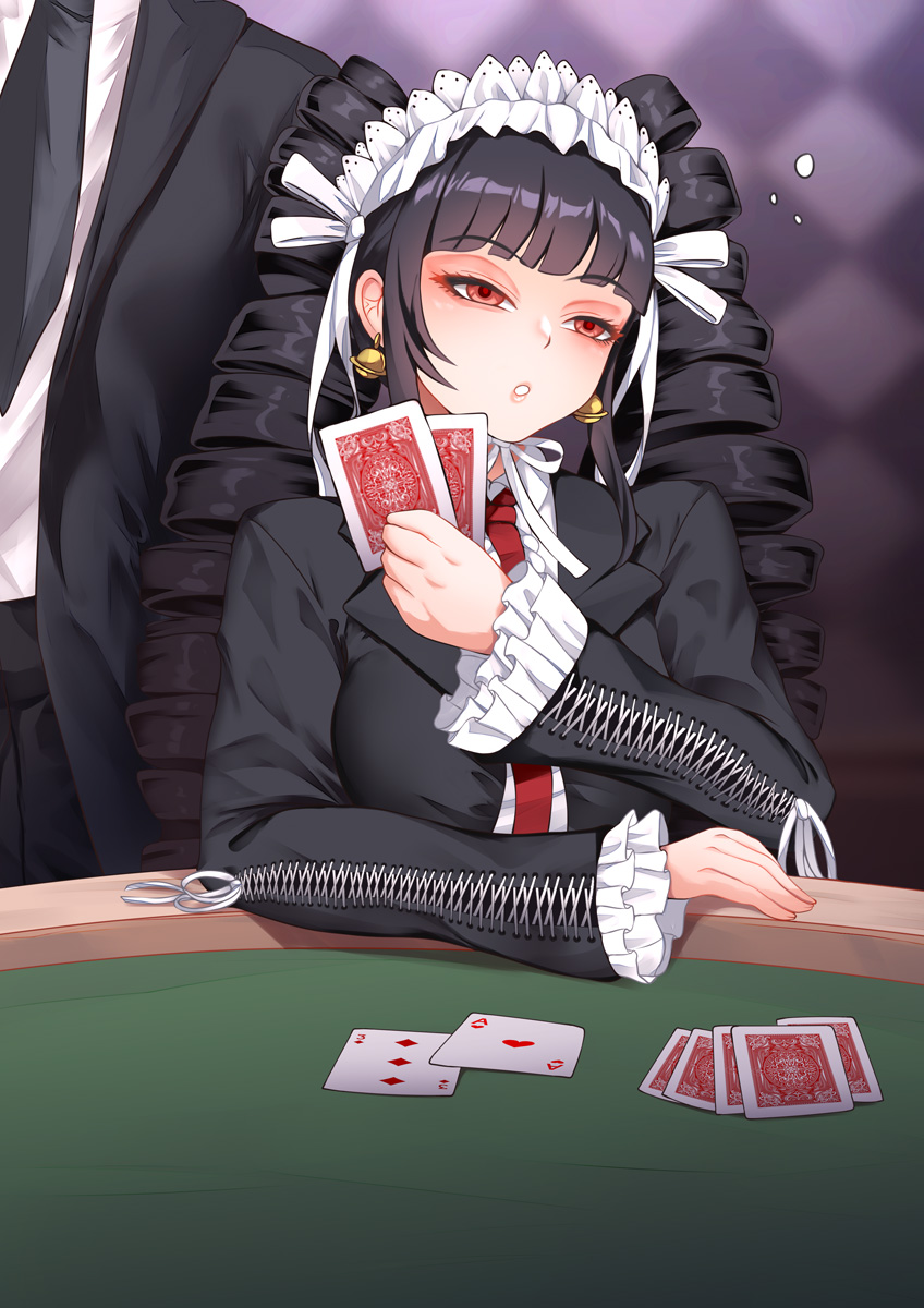 1boy 1girl black_hair black_jacket black_necktie black_pants card celestia_ludenberg commission danganronpa:_trigger_happy_havoc danganronpa_(series) drill_hair earrings formal frilled_jacket frills hand_up haryudanto highres holding holding_card jacket jewelry long_hair long_sleeves looking_at_viewer necktie pants playing_card poker poker_chip red_eyes red_necktie shirt solo_focus twin_drills twintails white_shirt