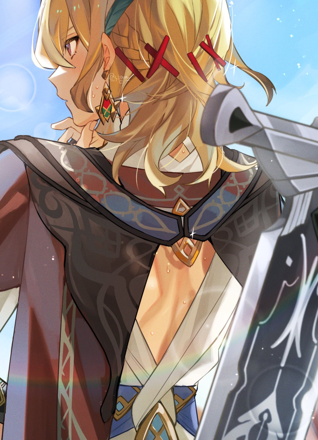 1boy belt blonde_hair blue_background blue_belt blush brown_hair earrings facing_away feather_hair_ornament feathers genshin_impact hair_ornament highres jewelry kaveh_(genshin_impact) looking_ahead male_focus medium_hair multicolored_hair multiple_hairpins parted_lips red_eyes red_scarf scarf shirt sigm solo sweat white_shirt