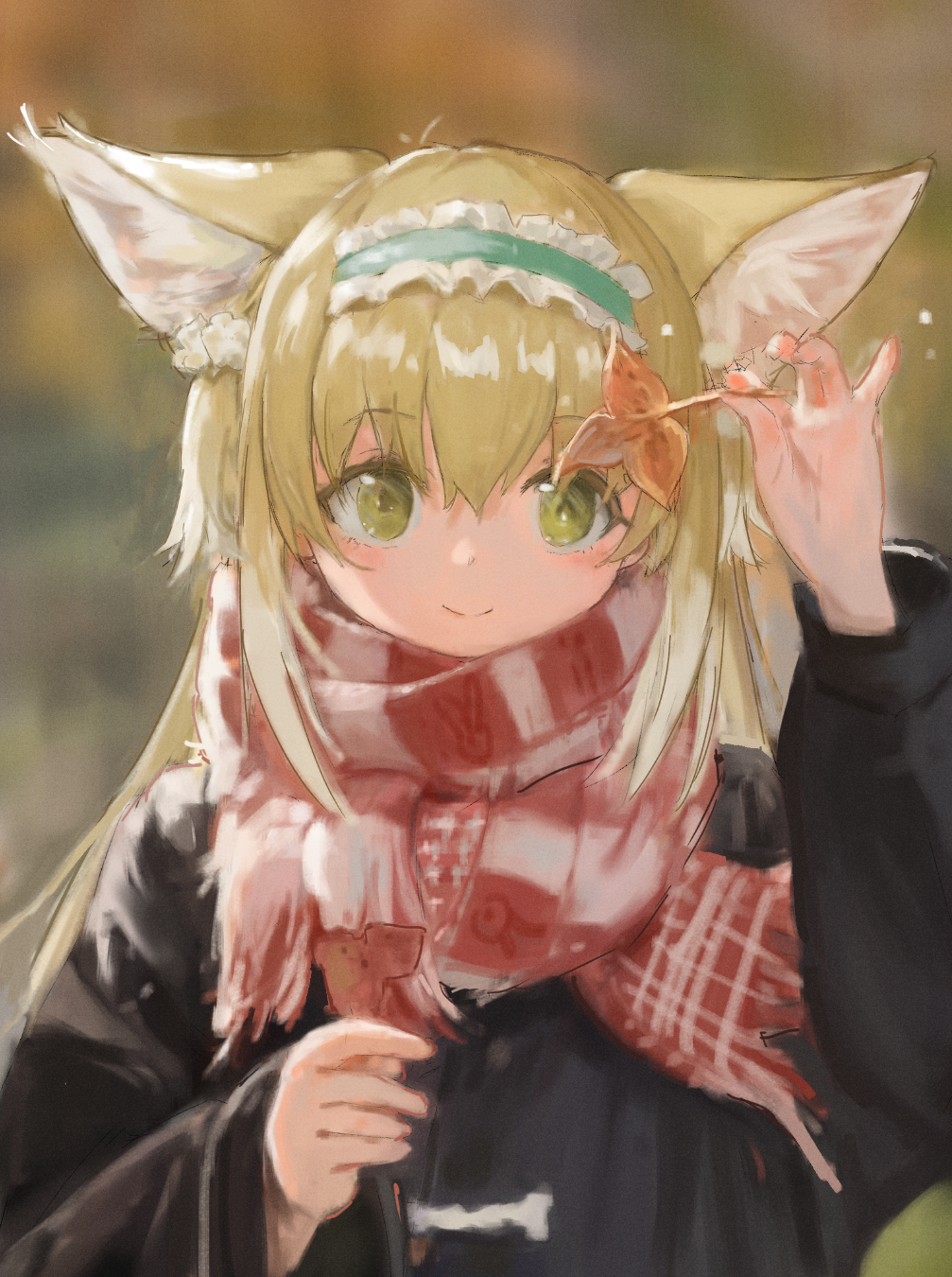 1girl animal_ear_fluff animal_ears arknights arm_up black_jacket blonde_hair blue_hairband blurry blurry_background closed_mouth commentary_request depth_of_field fox_ears frilled_hairband frills fringe_trim green_eyes gumiao32232 hair_between_eyes hairband highres holding holding_leaf jacket leaf long_hair long_sleeves puffy_long_sleeves puffy_sleeves scarf sleeves_past_wrists smile solo striped striped_scarf suzuran_(arknights) suzuran_(spring_praise)_(arknights) upper_body