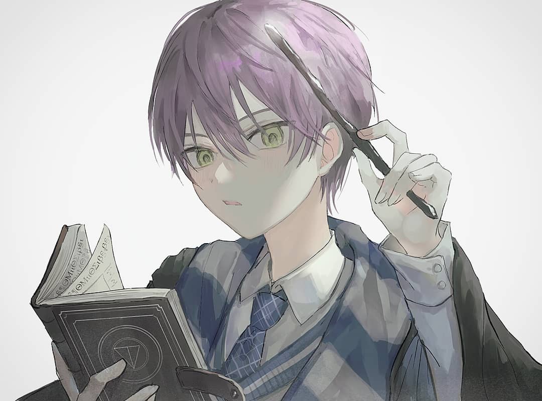 1boy book collared_shirt commentary_request formal green_eyes hair_between_eyes harry_potter_(series) jacket kenmochi_touya kumagai_yuka long_sleeves male_focus necktie open_mouth purple_hair reading robe shirt simple_background solo virtual_youtuber wand white_background wizard wizarding_world