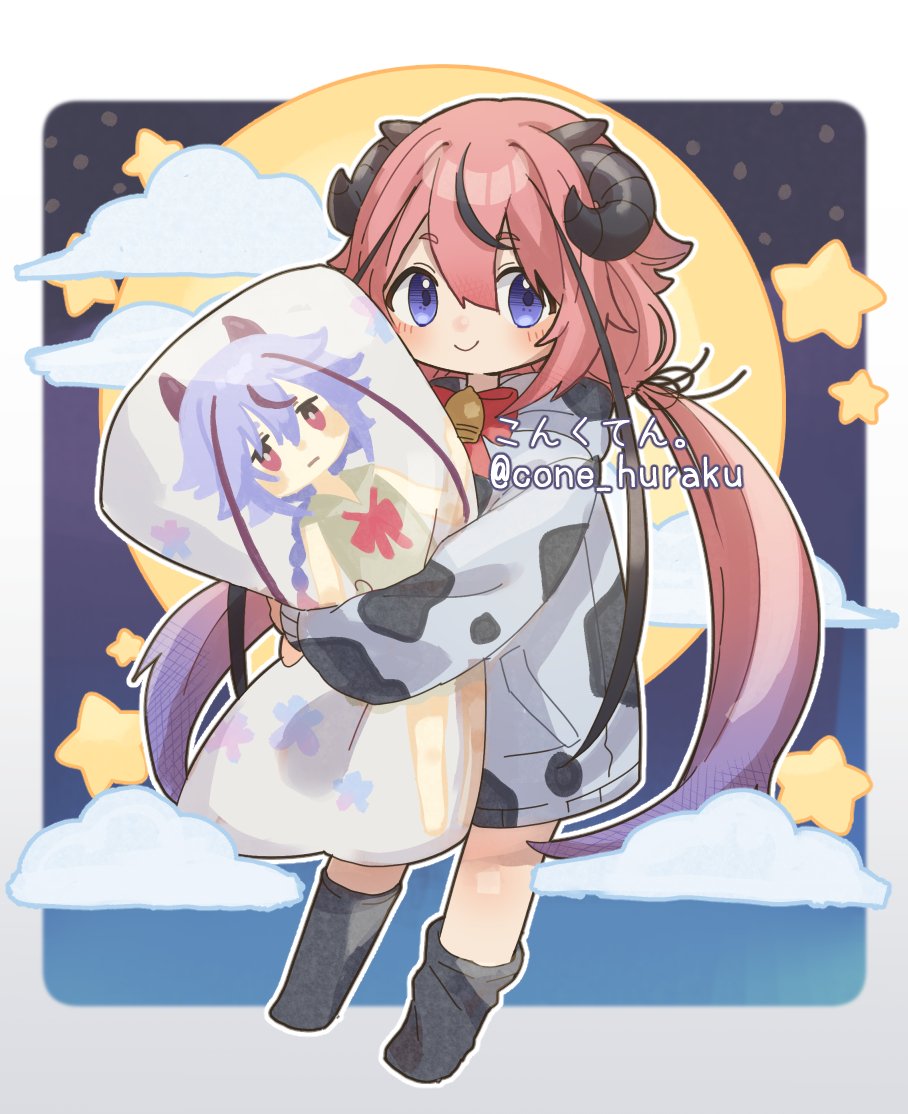 1girl alternate_costume animal_print bell black_hair black_socks blush border bow bowtie chibi closed_mouth clouds commentary_request cone_huraku cow_print dakimakura_(object) full_body full_moon gradient_hair hood hood_down hoodie horns long_hair long_sleeves looking_at_viewer low_twintails meika_hime meika_mikoto moon multicolored_hair neck_bell night night_sky object_hug one-hour_drawing_challenge pillow pillow_hug pink_hair print_hoodie purple_hair red_bow red_bowtie sheep_horns sky smile socks solo standing star_(symbol) streaked_hair twintails very_long_hair violet_eyes vocaloid white_border