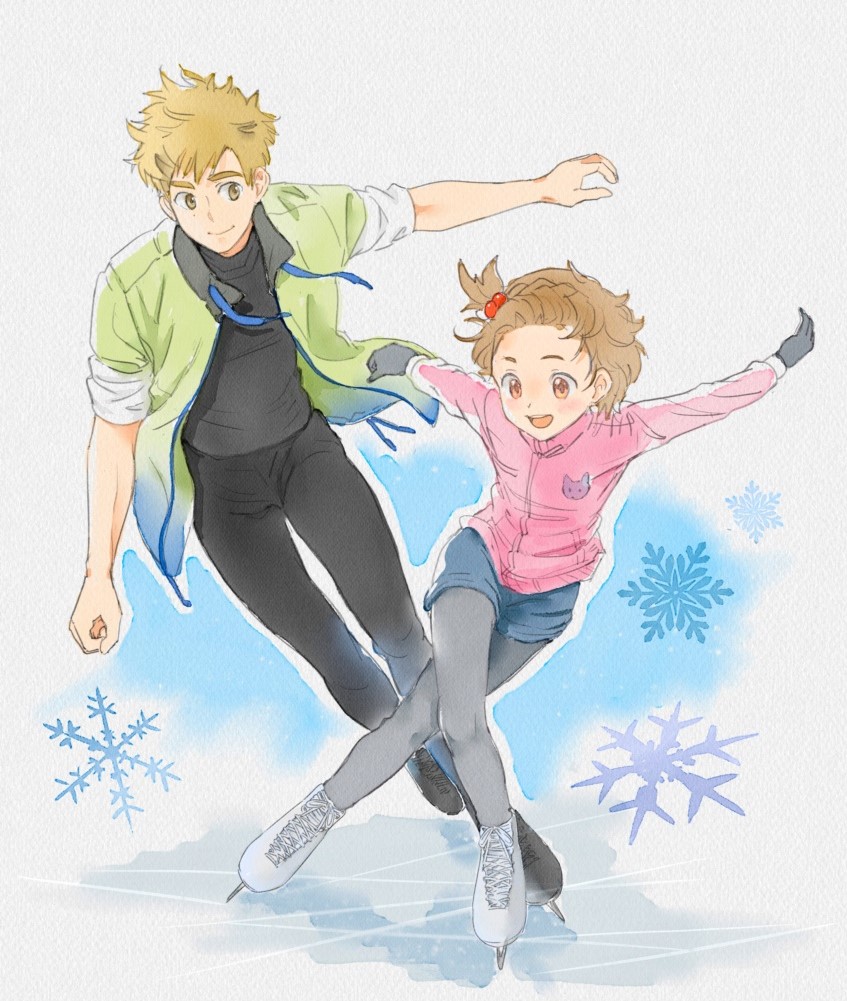 1boy 1girl akeuraji_tsukasa black_pants black_shirt blush brown_eyes brown_hair crossed_legs full_body gloves green_jacket hair_bobbles hair_ornament ice_skates ice_skating jacket light_brown_hair looking_at_another medalist_(manga) one_side_up open_clothes open_jacket open_mouth outstretched_arms pants pantyhose pink_jacket sawoody shirt shorts skates skating smile snowflakes spread_arms yuitsuka_inori