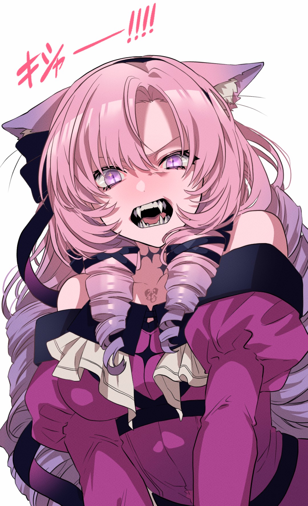 00_00mare 1girl angry animal_ear_fluff animal_ears bare_shoulders blush breasts cat_ears cat_girl chest_tattoo choker collarbone dress drill_hair extra_ears fangs fangs_out frown hair_ribbon hairband highres hyakumantenbara_salome juliet_sleeves large_breasts light_purple_hair long_hair long_sleeves looking_at_viewer nijisanji off-shoulder_dress off_shoulder open_mouth parted_bangs puffy_sleeves purple_hairband purple_ribbon red_dress red_sleeves ribbon ringlets scorpion_tattoo simple_background slit_pupils solo tattoo teeth tongue translation_request violet_eyes virtual_youtuber white_background