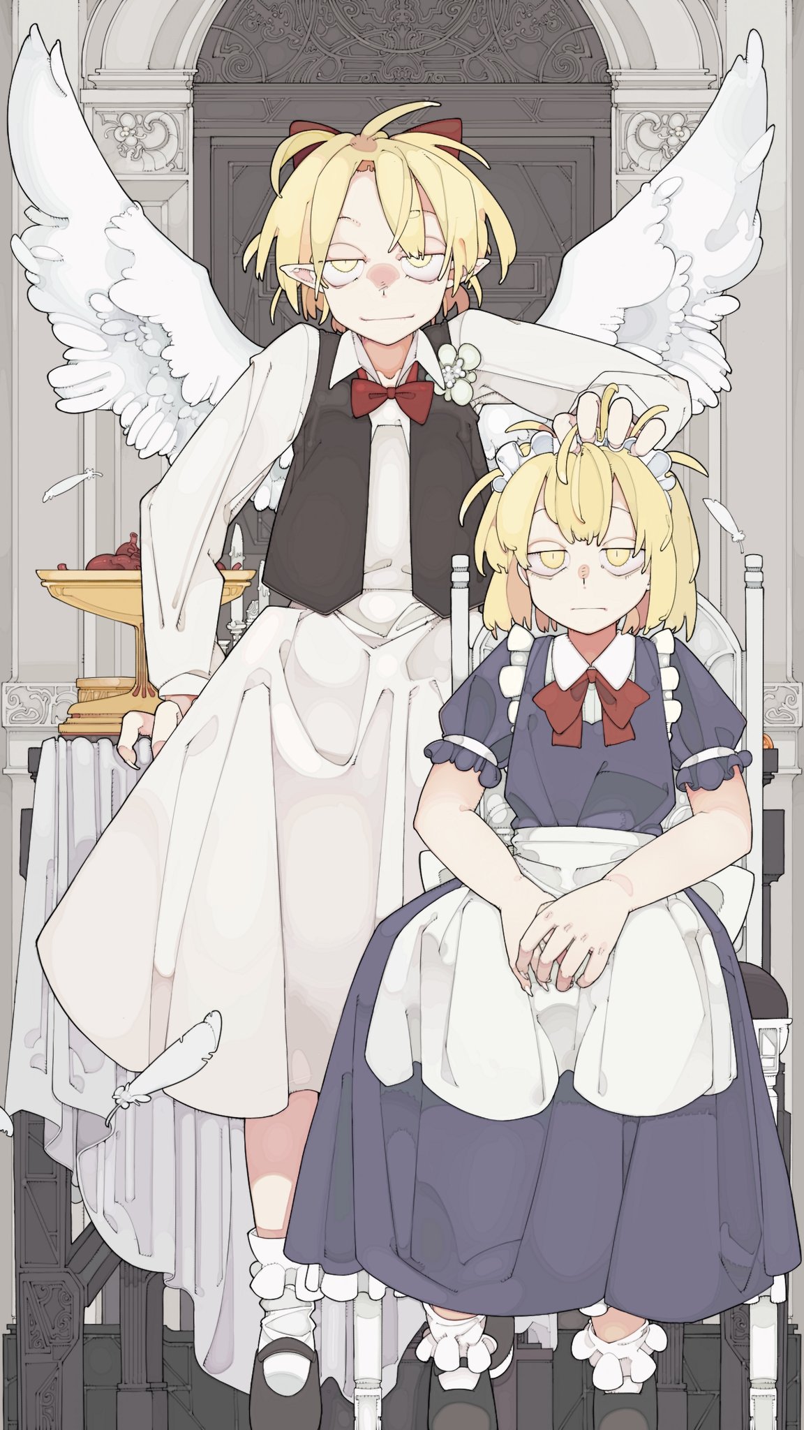 2girls apron black_footwear blonde_hair bolos bow bowl bowtie closed_mouth door dress frown gengetsu_(touhou) hair_bow hand_on_another's_head highres looking_at_viewer maid maid_headdress medium_hair mugetsu_(touhou) multiple_girls pointy_ears red_bow red_bowtie shoes short_hair sitting smile socks touhou touhou_(pc-98) traditional_bowtie white_dress white_socks white_wings wings yellow_eyes