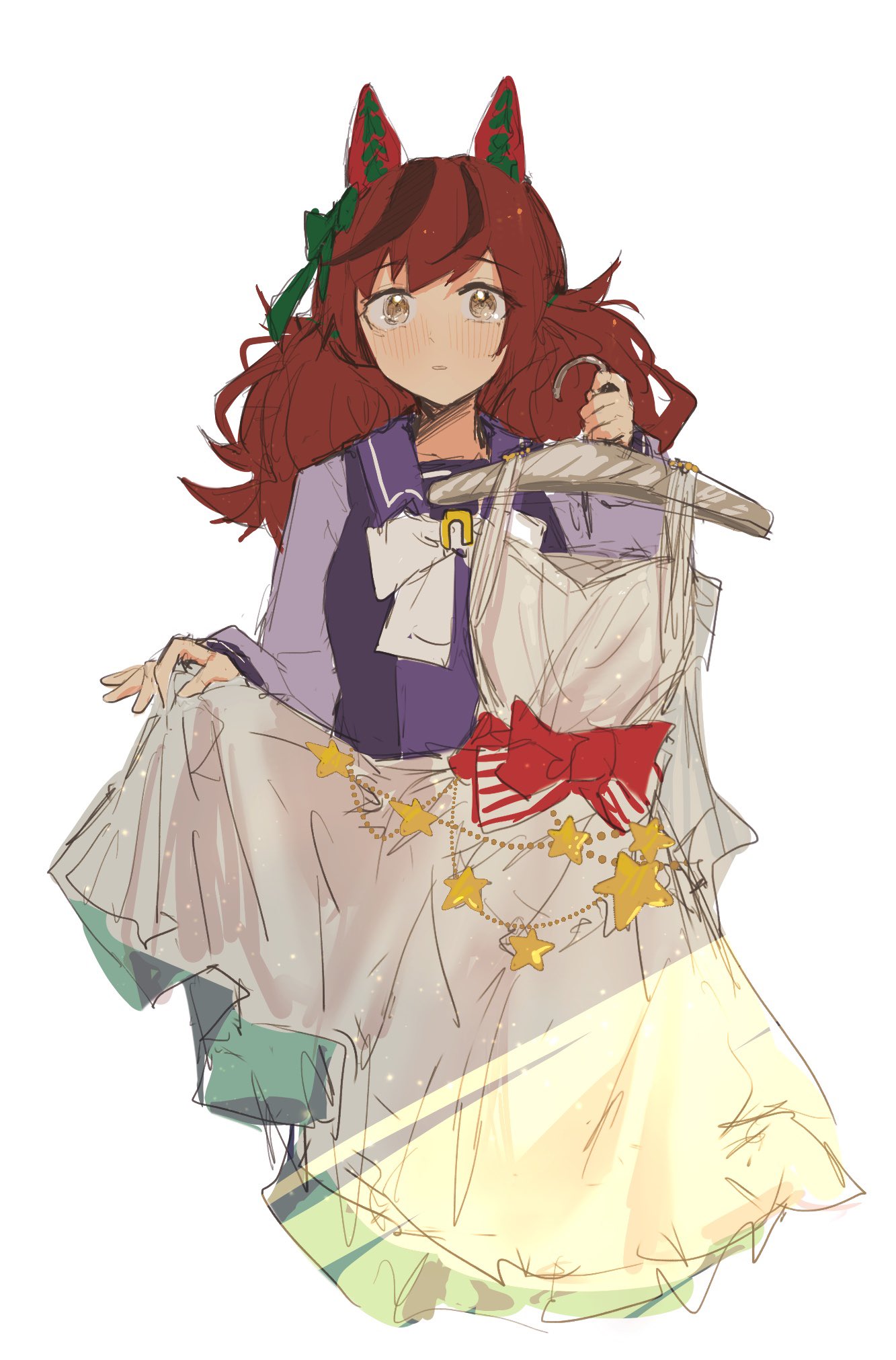1girl animal_ears az_(azkin_g) blush bow bowtie brown_hair clothes clothes_hanger cropped_torso dress ear_covers highres holding_clothes_hanger horse_ears long_hair long_sleeves looking_at_viewer low_twintails nice_nature_(umamusume) parted_lips purple_shirt sailor_collar shirt solo twintails umamusume upper_body white_background white_dress yellow_eyes