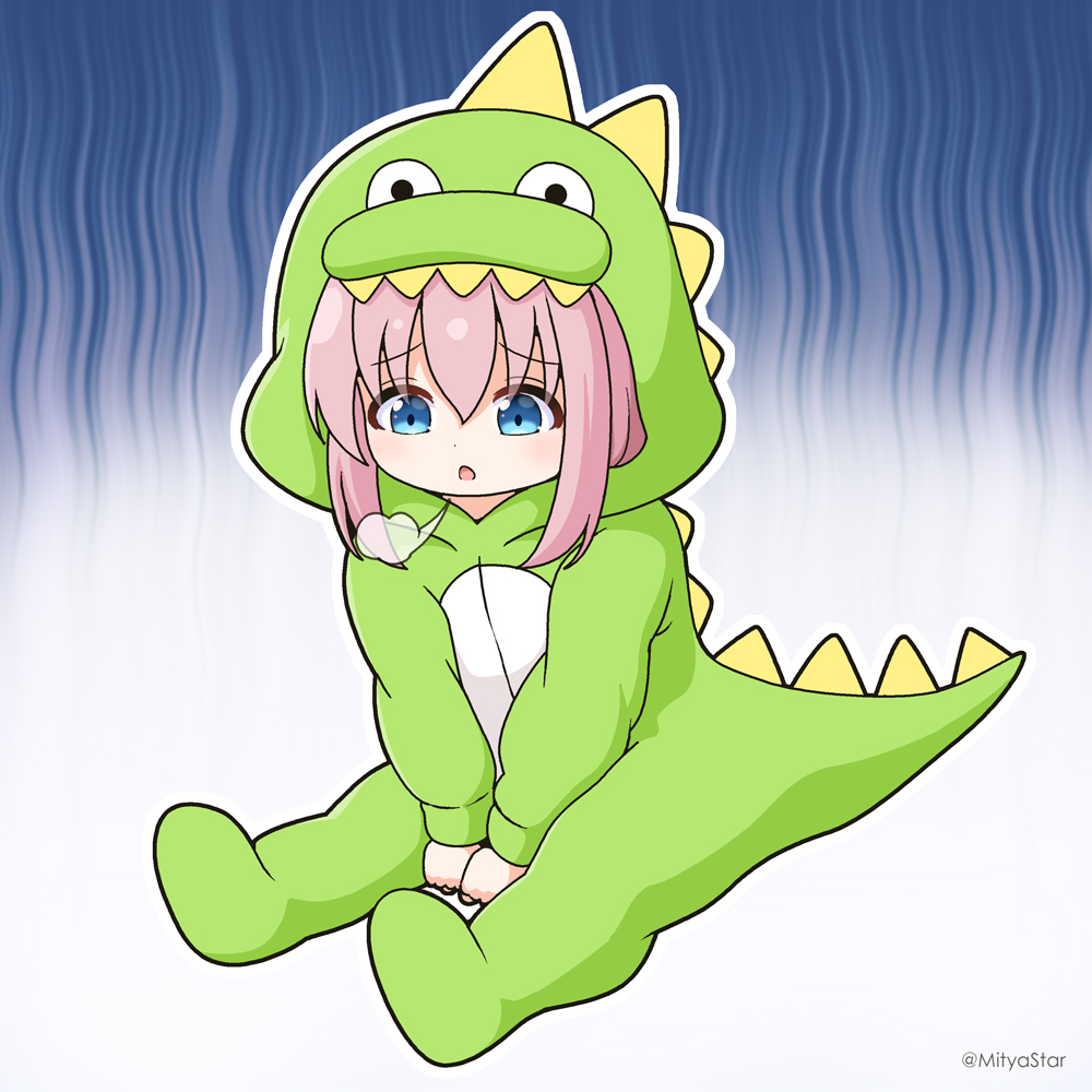 1girl :o between_legs blue_eyes bocchi_the_rock! commentary_request dinosaur_costume dinosaur_hood gotou_hitori grey_background hair_between_eyes hand_between_legs hood hood_up long_hair looking_away looking_down mitya parted_lips pink_hair sigh sitting solo twitter_username