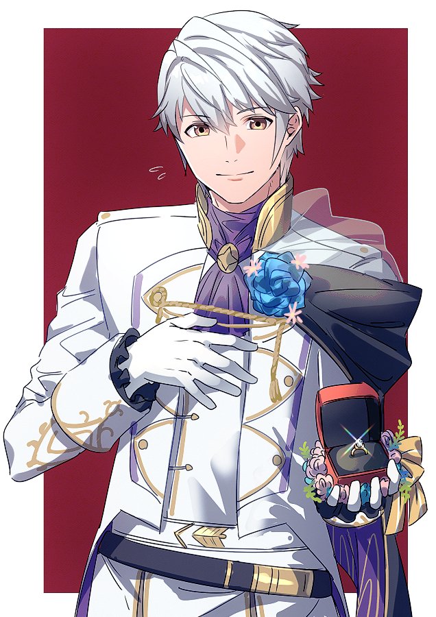 1boy ameno_(a_meno0) ascot belt black_belt blue_flower blue_rose blush box brown_eyes closed_mouth commentary_request fire_emblem fire_emblem_awakening fire_emblem_heroes flower flying_sweatdrops formal groom hand_on_own_chest holding holding_box jacket jewelry long_sleeves looking_at_viewer male_focus purple_ascot ring ring_box robin_(fire_emblem) robin_(male)_(fire_emblem) robin_(male)_(groom)_(fire_emblem) rose see-through shirt short_hair smile solo suit wedding_ring white_hair white_jacket white_shirt white_suit