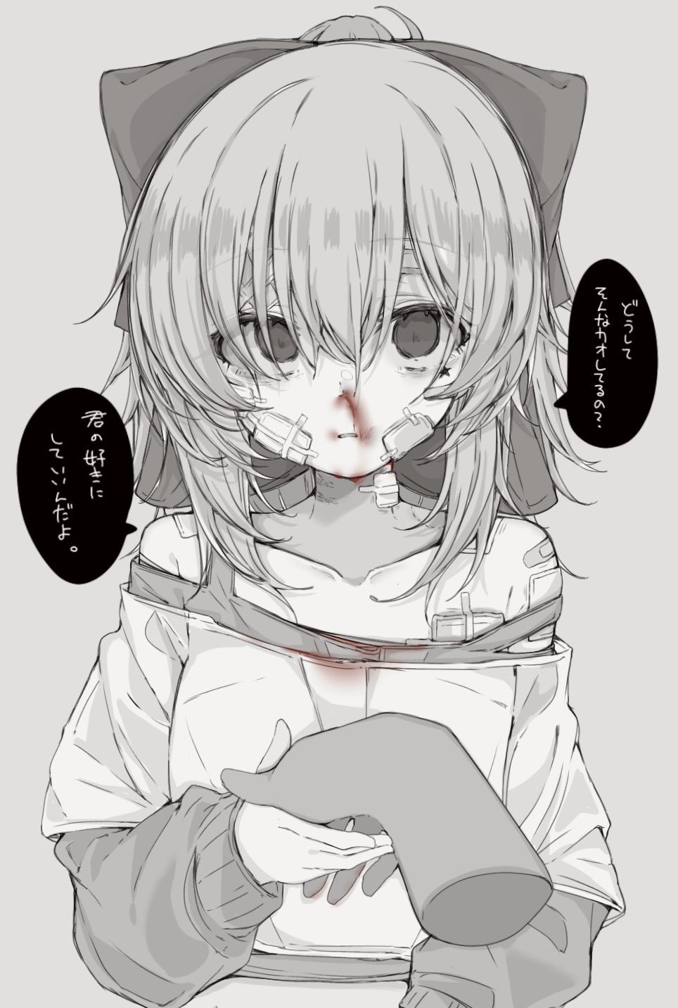 1girl 1other bandage_on_face bandages bandaid bandaid_on_neck bandaid_on_shoulder blood blood_on_clothes bow collarbone cropped_shirt empty_eyes eyelashes facial_mark gauze grey_background grey_eyes greyscale hair_between_eyes hair_bow hand_up highres holding_hands layered_sleeves long_sleeves looking_at_viewer medium_hair messy_hair midriff monochrome mushoku_loli mushoku_loli_(character) nosebleed off_shoulder original ponytail pov pov_hands puffy_long_sleeves puffy_sleeves raised_eyebrows short_over_long_sleeves short_sleeves sidelocks speech_bubble spot_color star_(symbol) star_facial_mark straight-on strap_slip translation_request