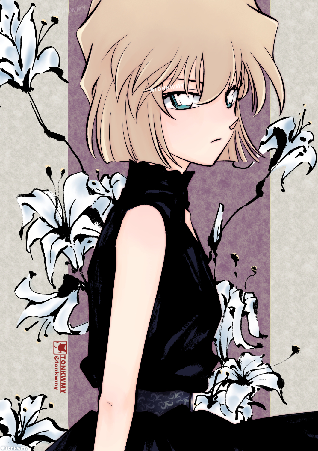 1girl alternate_costume artist_name bare_shoulders black_dress brown_hair closed_mouth commentary_request dress expressionless floral_print flower green_eyes haibara_ai highres looking_away meitantei_conan short_hair sleeveless sleeveless_dress solo tonkwmy twitter_username white_flower