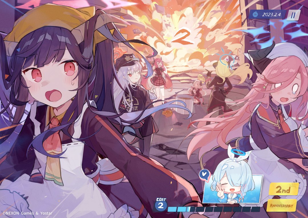 &gt;_&lt; akari_(pokemon) apron aqua_hair arona_(blue_archive) black_gloves black_headwear black_horns blonde_hair blue_archive blush braid brown_horns explosion food fuuka_(blue_archive) gloves grey_hair halo haruna_(blue_archive) hat heart horns izumi_(blue_archive) jacket jacket_on_shoulders junko_(blue_archive) juri_(blue_archive) long_hair long_sleeves multicolored_hair multiple_girls nuudoru one_eye_closed open_mouth pink_hair redhead running short_hair side_braid spoken_heart sweat tears v very_long_hair white_apron