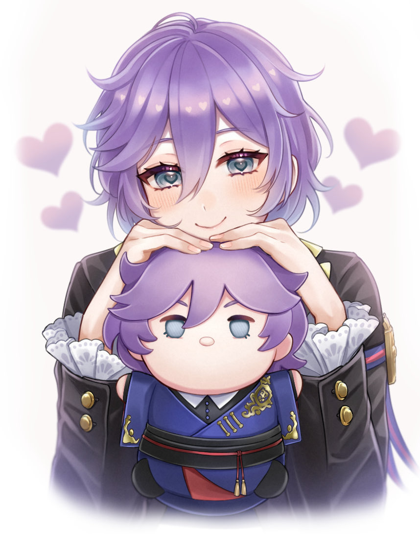 1boy androgynous blue_eyes blush character_doll closed_mouth epel_felmier frilled_sleeves frills hair_between_eyes head_rest heart heart-shaped_pupils holding holding_stuffed_toy long_sleeves looking_at_viewer male_focus momotetu night_raven_college_uniform purple_hair school_uniform short_hair simple_background smile solo stuffed_toy symbol-shaped_pupils tsum-tsum twisted_wonderland upper_body white_background