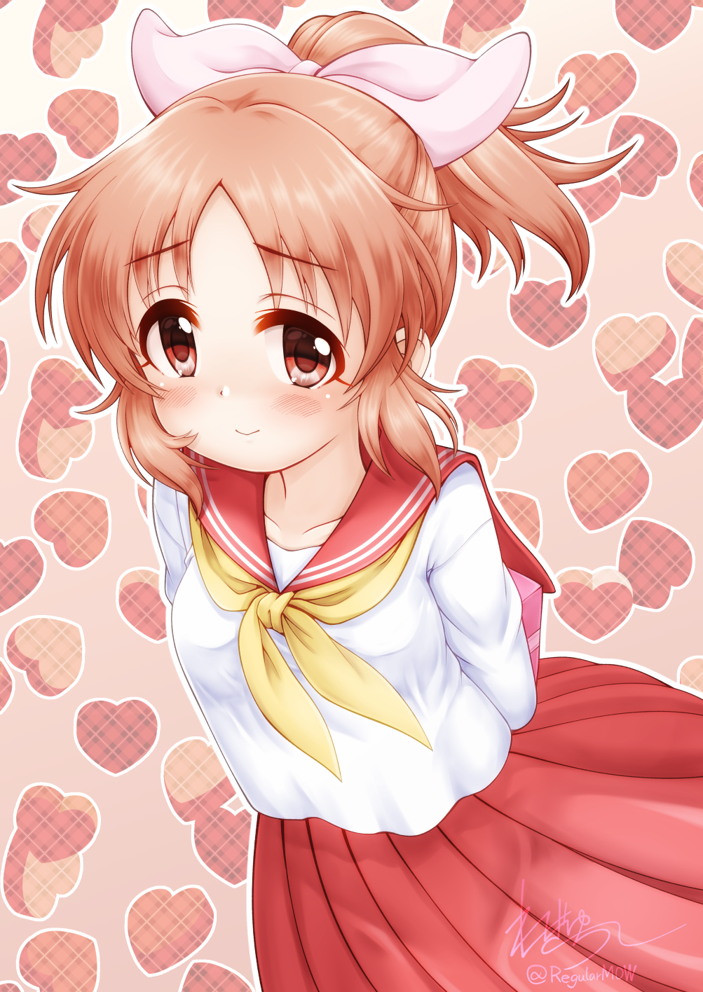 1girl abe_nana arms_behind_back blush box breasts brown_background brown_eyes brown_hair closed_mouth commentary_request gift gift_box hair_ribbon heart heart_background highres holding holding_gift idolmaster idolmaster_cinderella_girls long_sleeves medium_breasts neckerchief parted_bangs plaid pleated_skirt ponytail red_sailor_collar red_skirt regular_mow ribbon sailor_collar school_uniform serafuku shirt sidelocks skirt smile solo white_ribbon white_shirt yellow_neckerchief