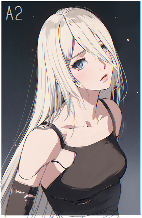 1girl android bare_shoulders black_gloves blue_eyes breasts character_name closed_mouth collarbone commentary d.k elbow_gloves eyelashes gloves gradient_background hair_between_eyes light_blush lips long_hair looking_at_viewer mole mole_under_mouth nier:automata nier_(series) small_breasts solo symbol-only_commentary upper_body white_hair yorha_type_a_no._2