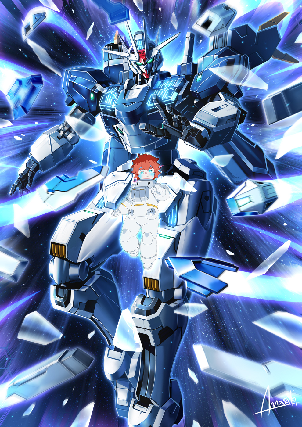 1girl amasaki_yusuke aqua_eyes aura bit_(gundam) closed_mouth commentary ericht_samaya glass_shards gundam gundam_aerial_rebuild gundam_suisei_no_majo highres looking_at_viewer mecha mobile_suit open_hand outstretched_arm redhead robot science_fiction short_eyebrows short_hair signature space spacesuit star_(sky) thick_eyebrows v-fin