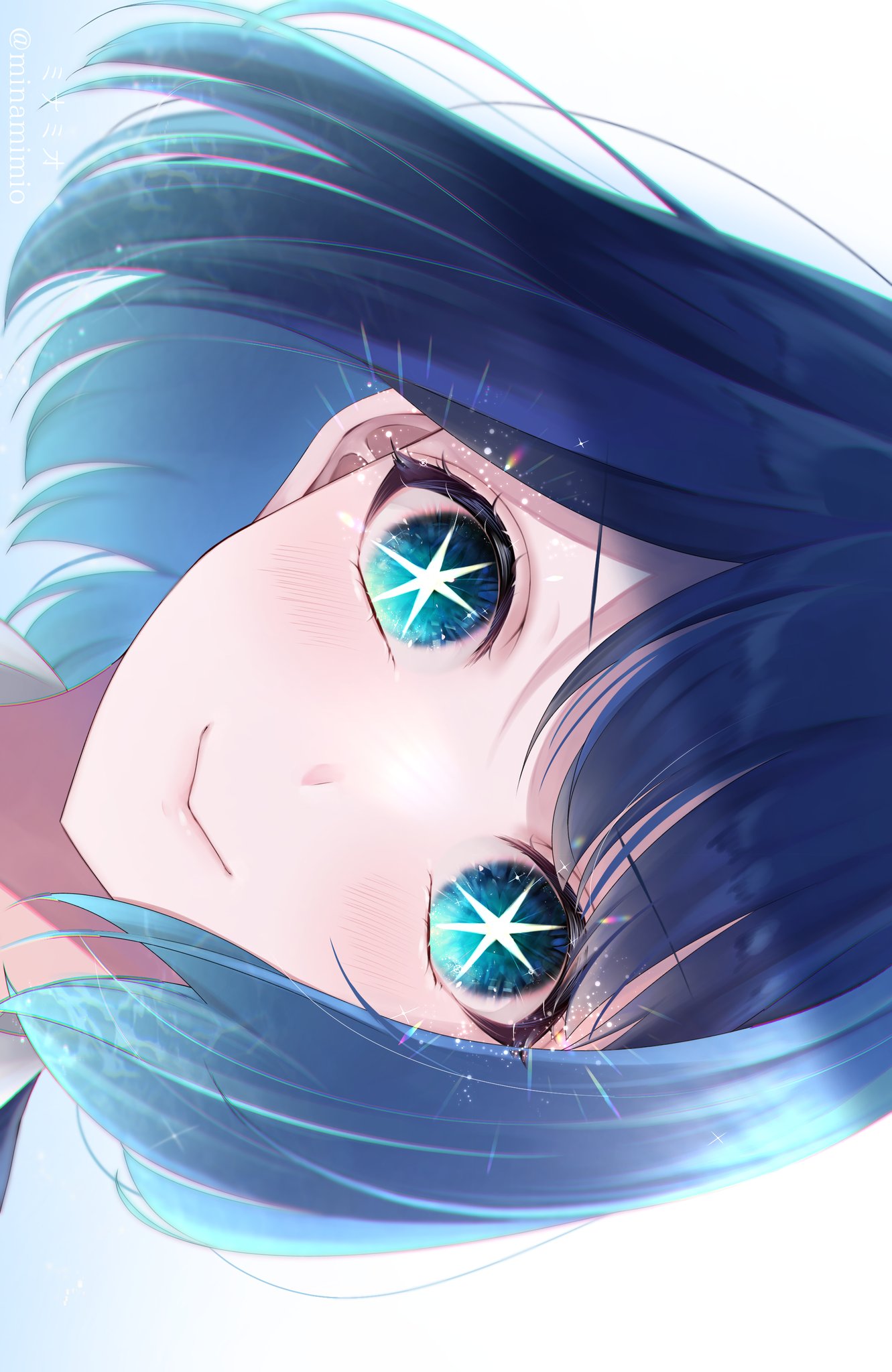 1girl artist_name blue_eyes blue_hair blush chromatic_aberration close-up closed_mouth commentary_request gradient_hair highres kurokawa_akane lens_flare light_blue_hair looking_at_viewer minamimio0527 multicolored_hair oshi_no_ko portrait shade sideways simple_background smile solo sparkle star-shaped_pupils star_(symbol) symbol-shaped_pupils twitter_username white_background